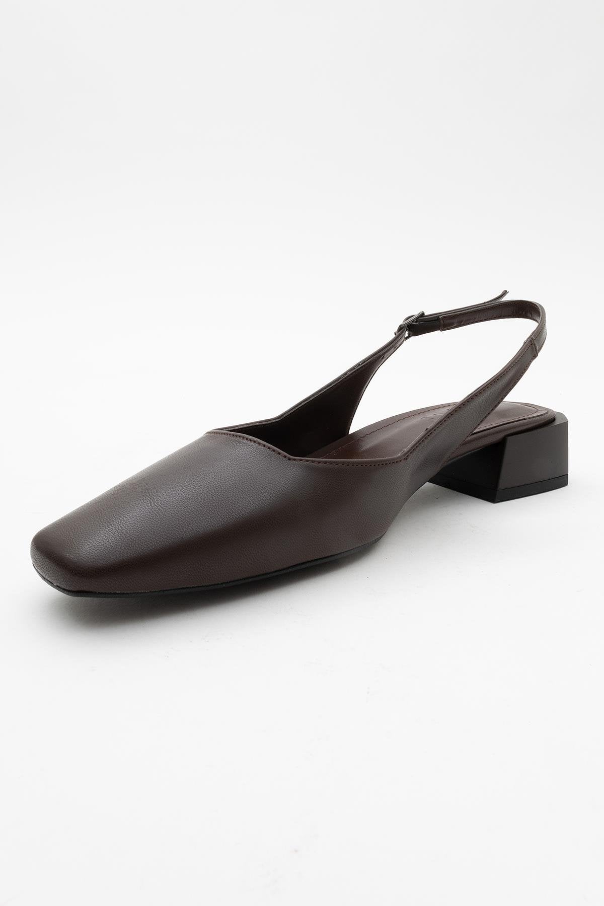 State - Brown Heeled Shoe – back view showing leather, Vowalisse