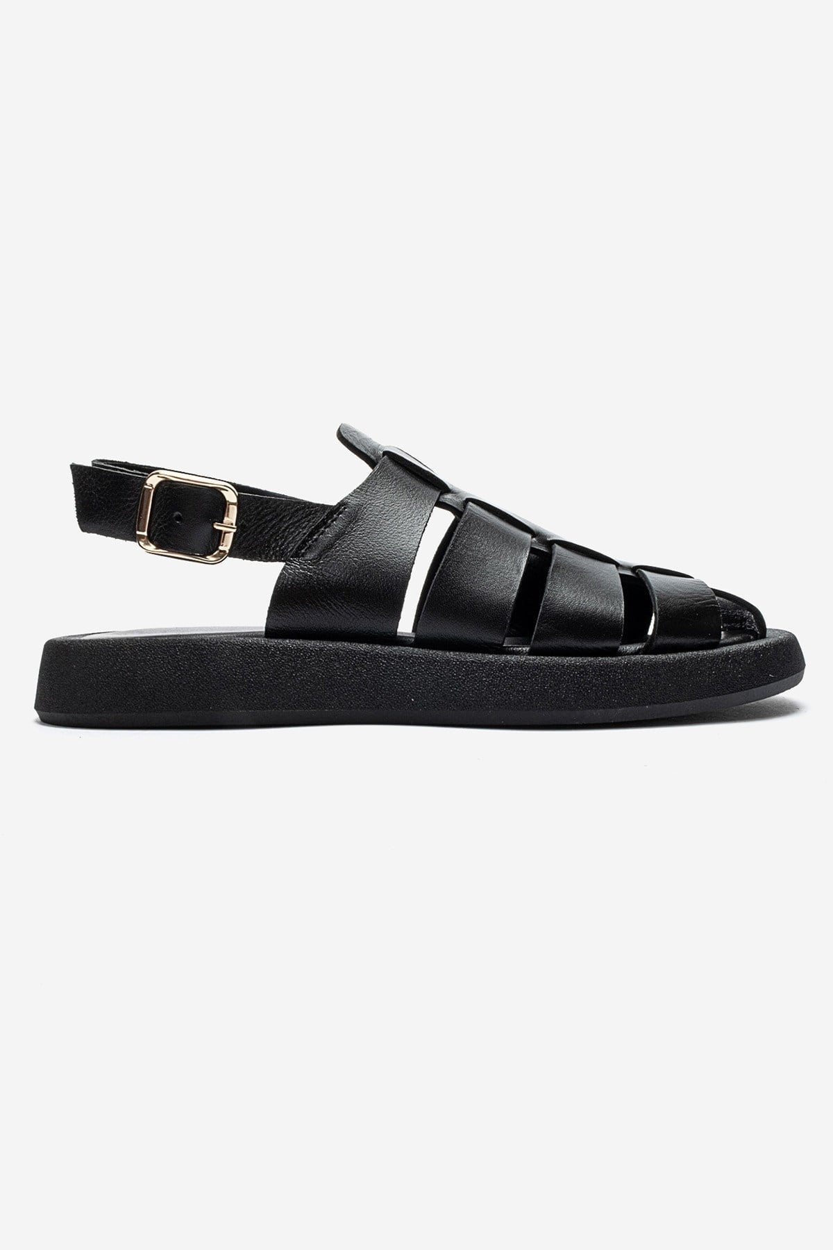 JOURA - Black Genuine Leather Closed-Toe Sandal – heel view showing leather, black, Vowalisse