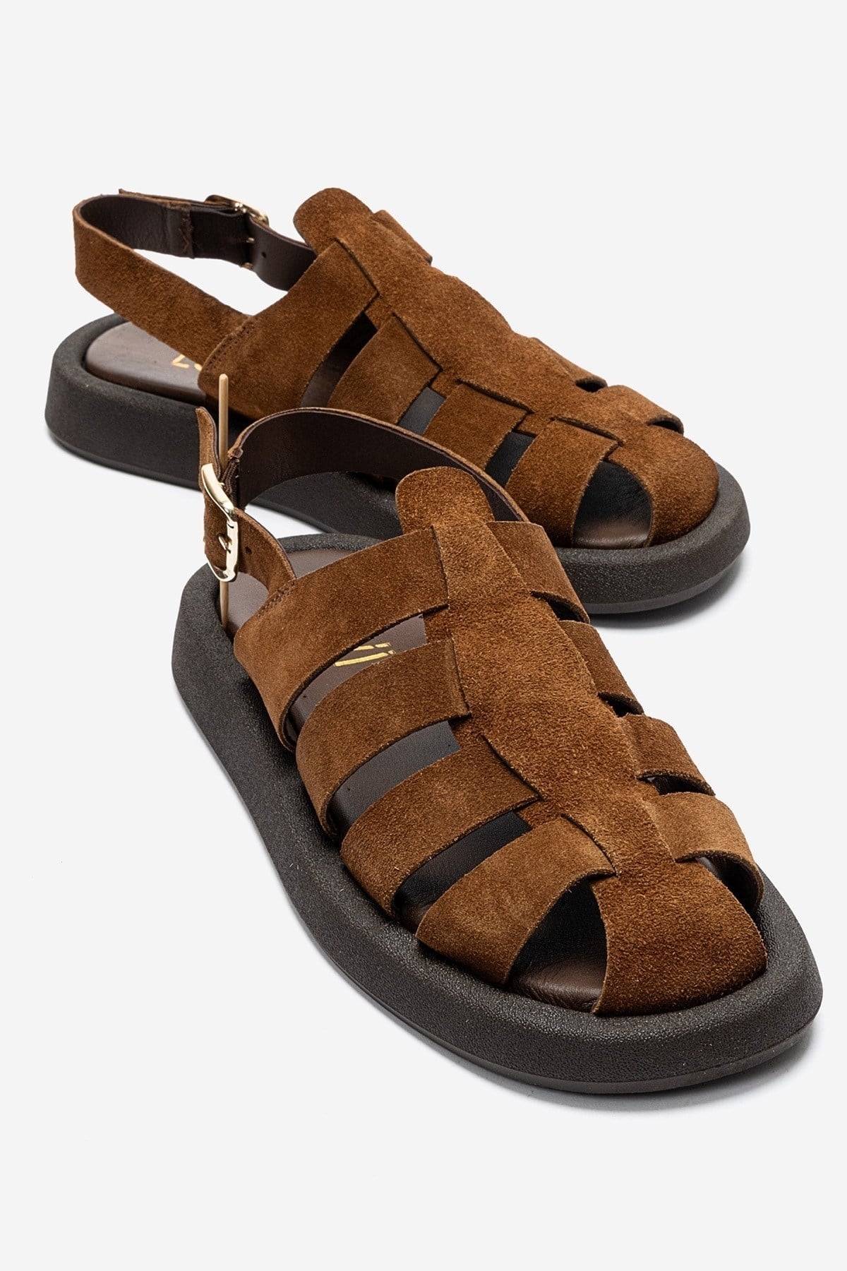 JOURA - Mocha Genuine Leather Closed-Toe Sandal – front three-quarter view showing leather, red, Vowalisse