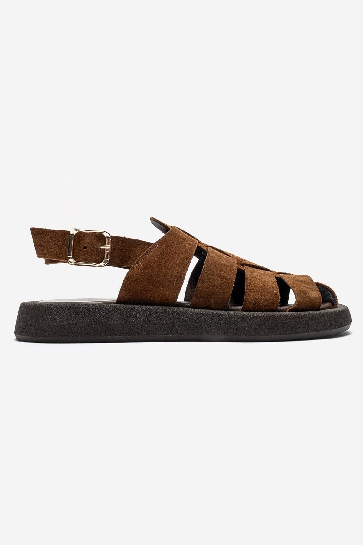 JOURA - Mocha Genuine Leather Closed-Toe Sandal – heel view showing leather, red, Vowalisse