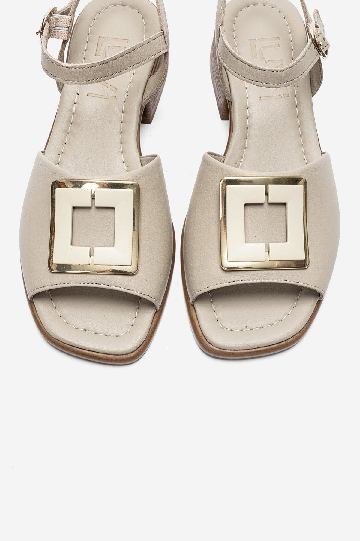 SVELTE - Beige Genuine Leather Buckle Sandal – side view showing leather, Vowalisse