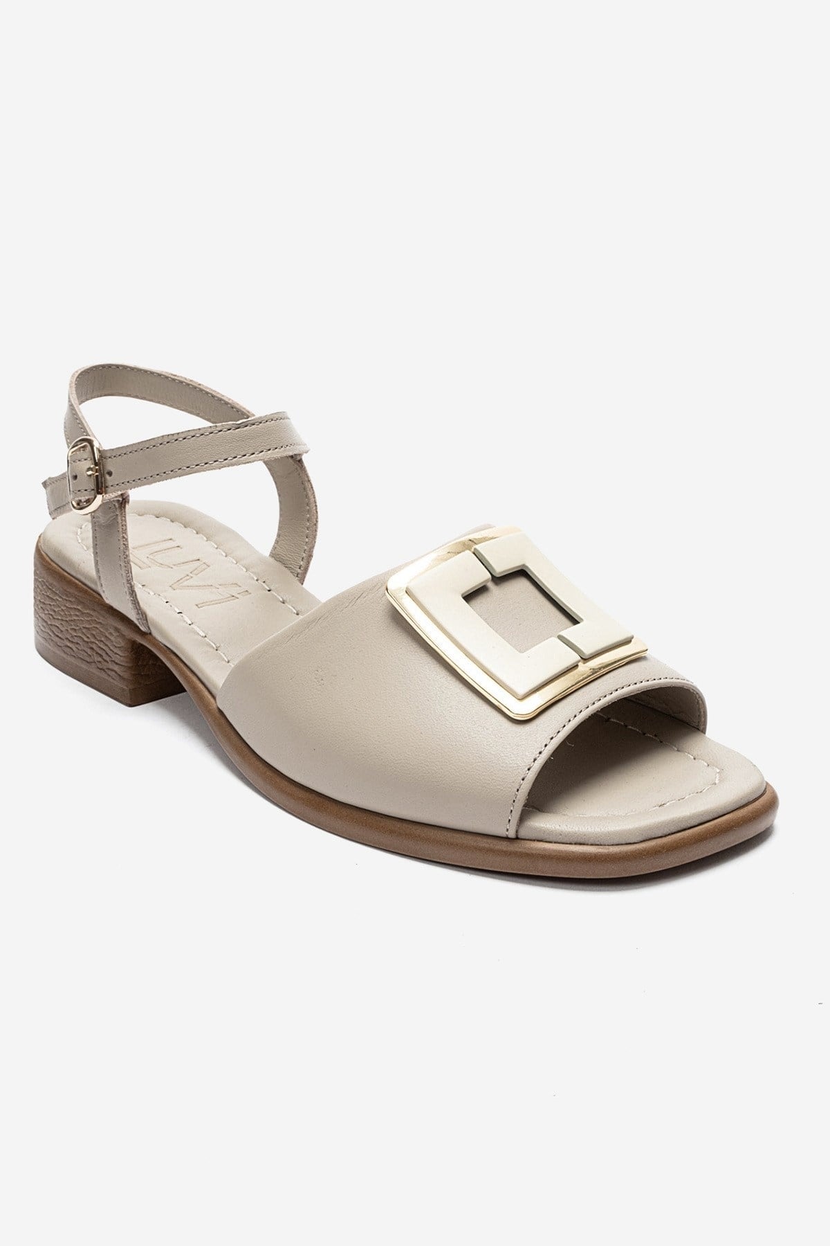 SVELTE - Beige Genuine Leather Buckle Sandal – detail view showing leather, Vowalisse