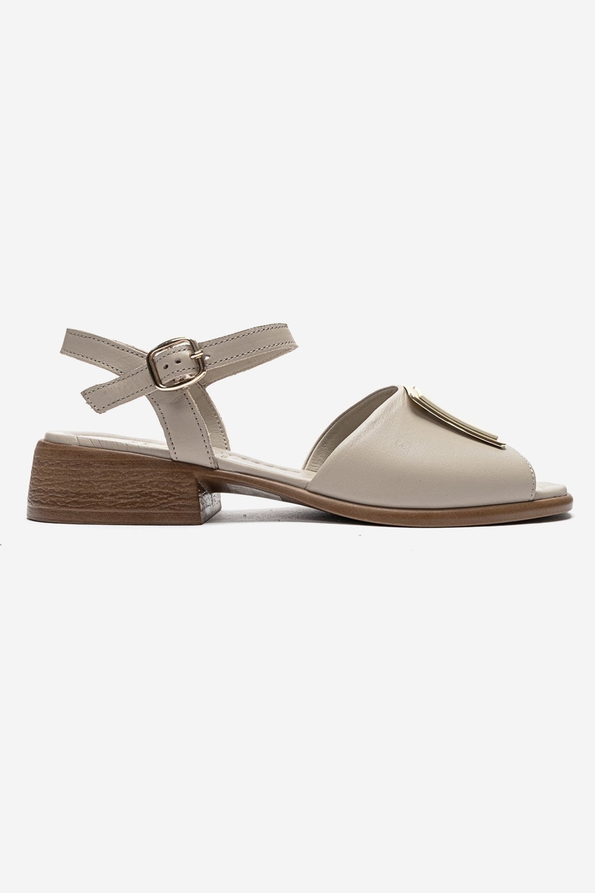 SVELTE - Beige Genuine Leather Buckle Sandal – heel view showing leather, Vowalisse