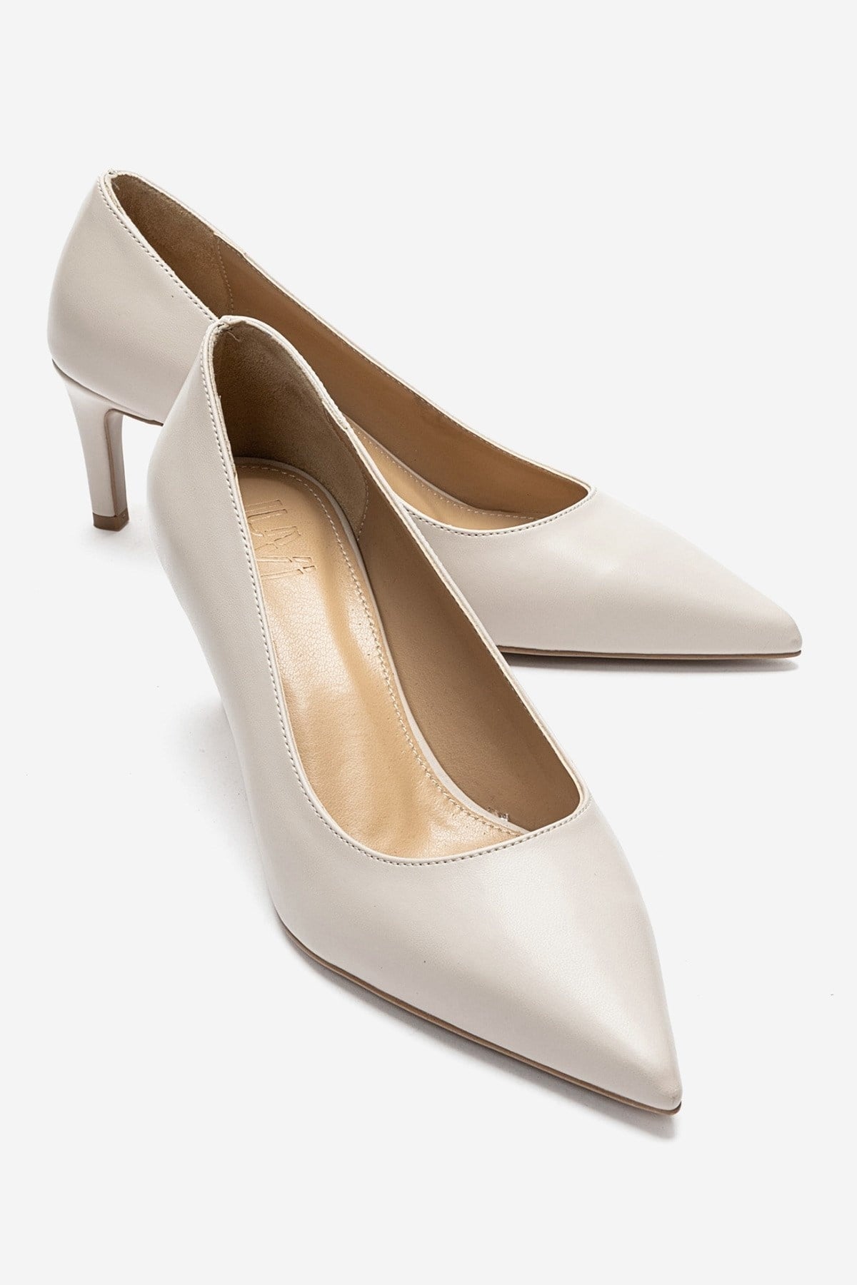 VELMIRA - Beige Synthetic Leather Stiletto Pump – front three-quarter view showing leather, Vowalisse
