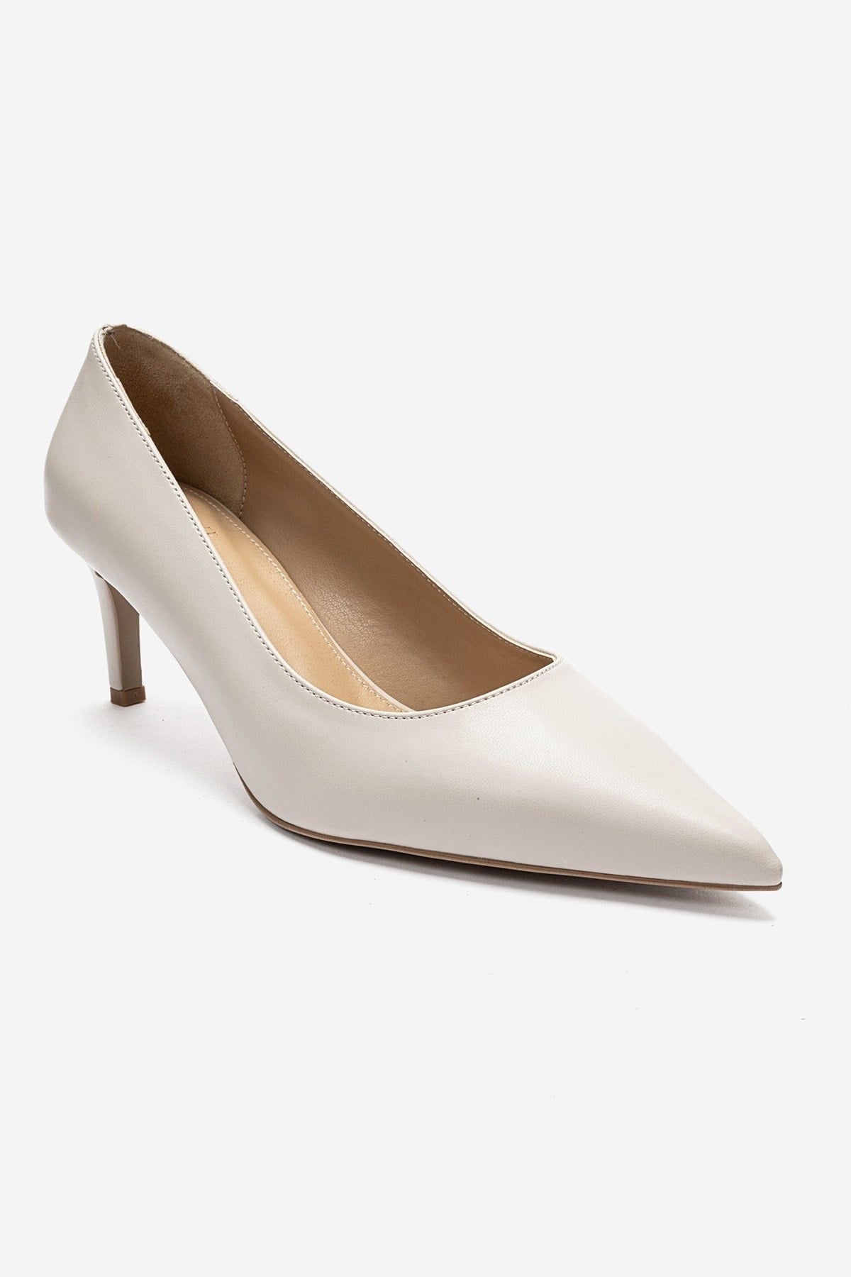 VELMIRA - Beige Synthetic Leather Stiletto Pump – detail view showing leather, Vowalisse