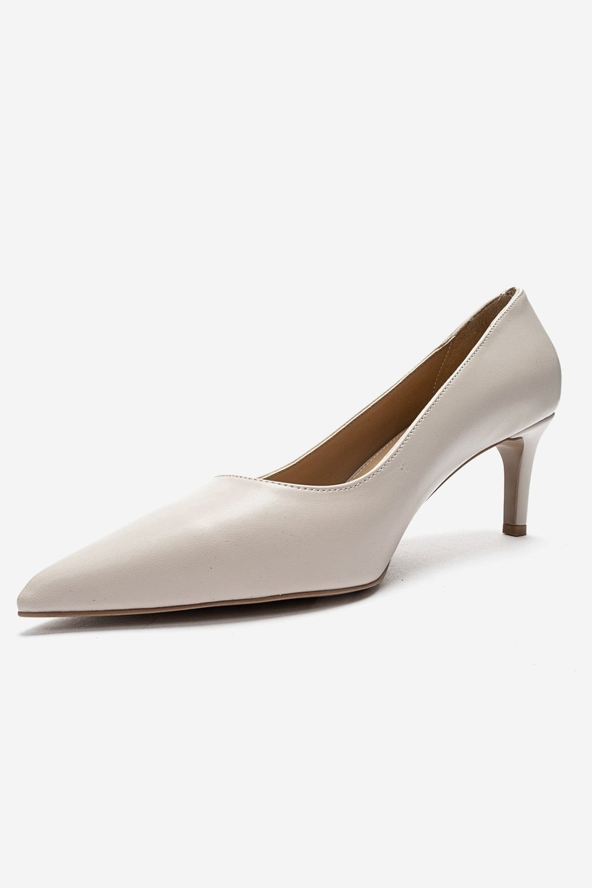 VELMIRA - Beige Synthetic Leather Stiletto Pump – top view showing leather, Vowalisse