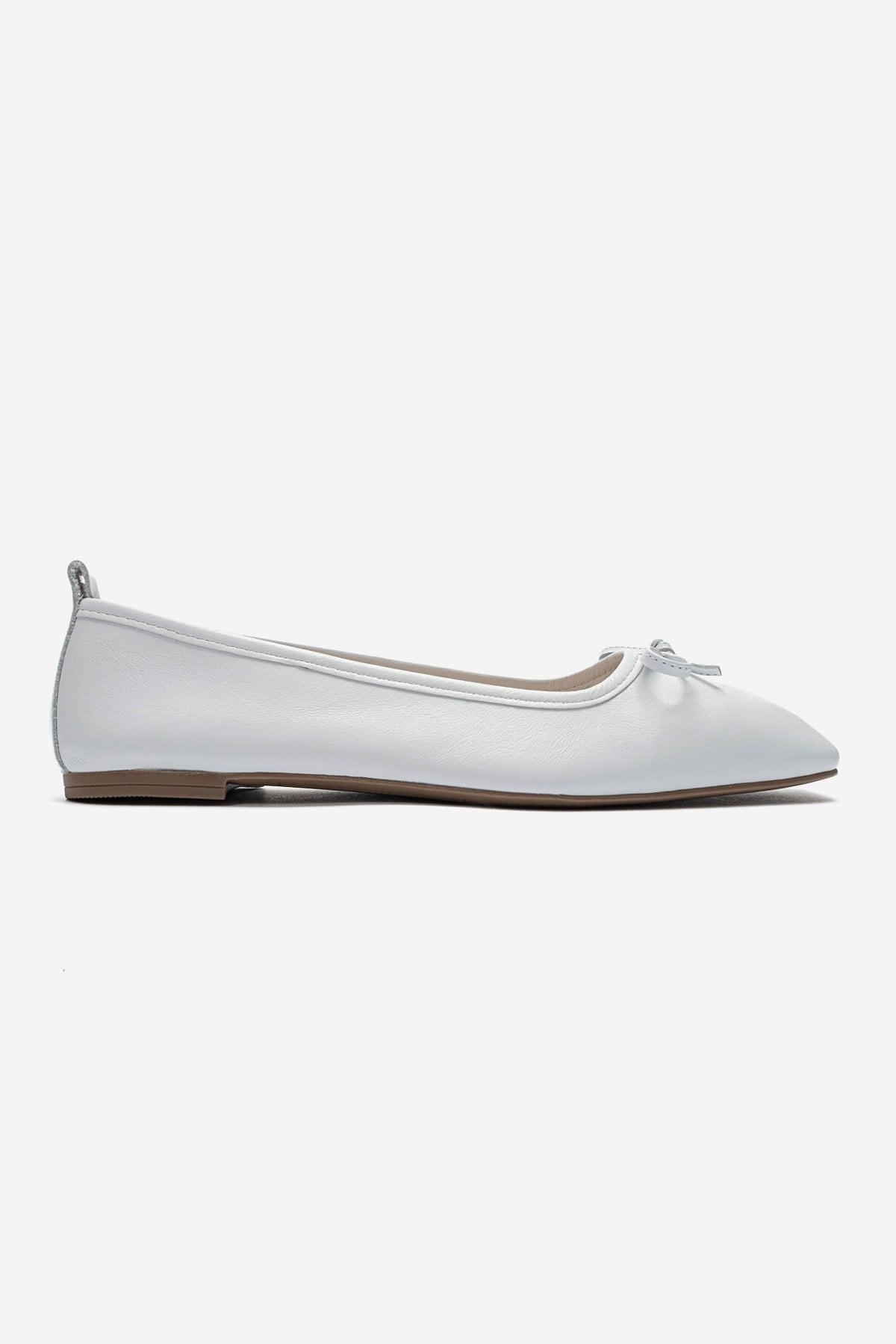 SOSA - White Genuine Leather Square Toe Bow Ballet Flat – heel view showing bow, leather, white, Vowalisse