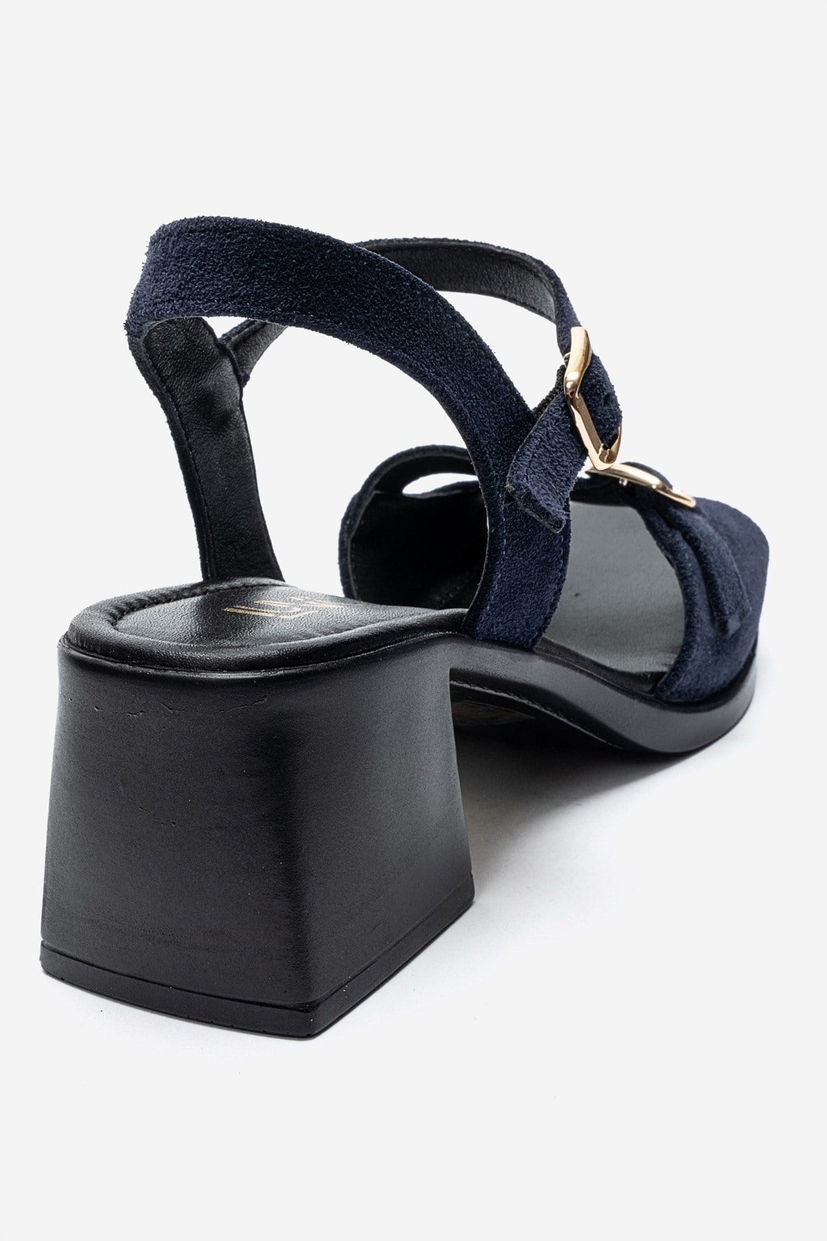 YOLEN - Navy Genuine Leather Block Heel Sandal – back view showing leather, suede, Vowalisse