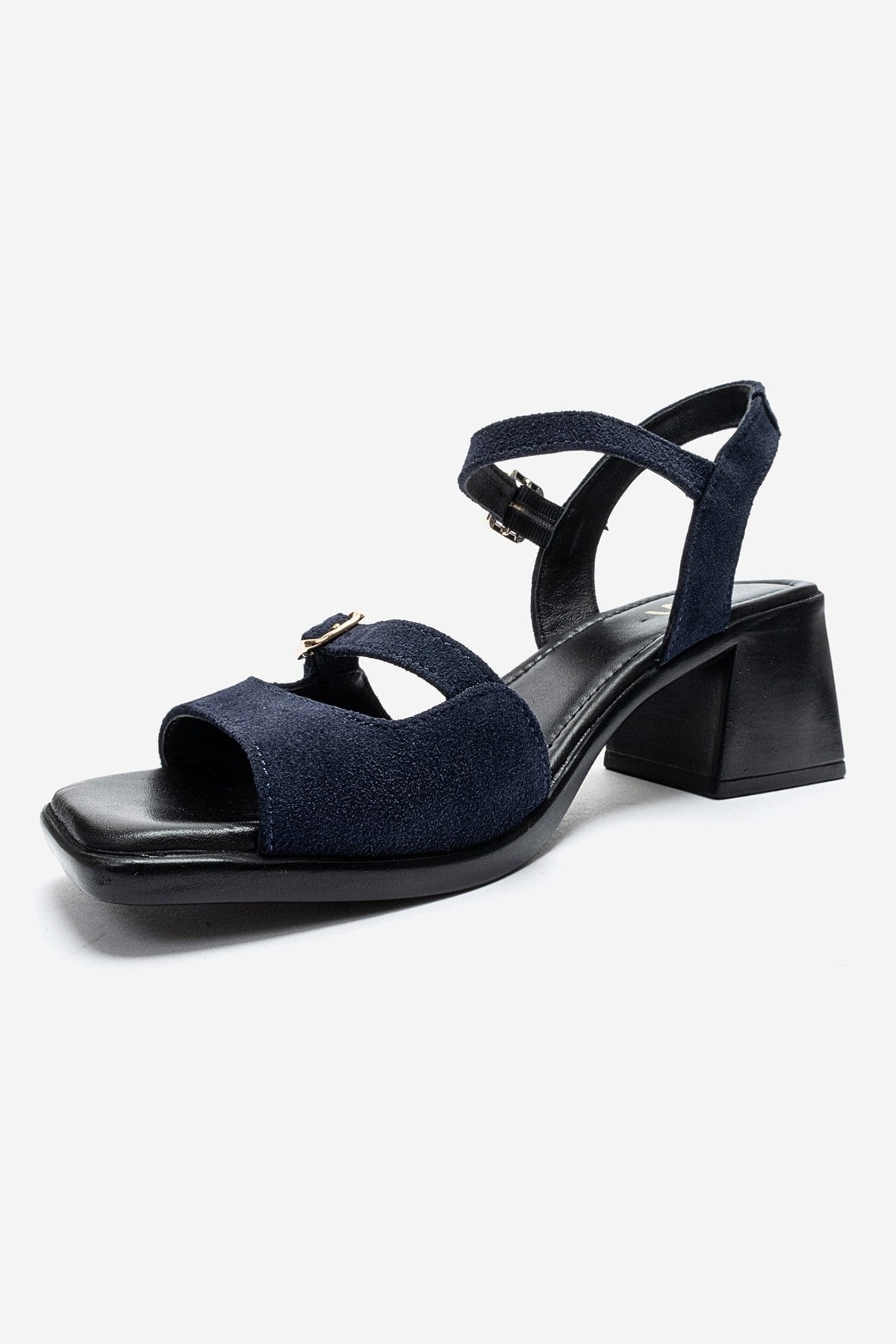 YOLEN - Navy Genuine Leather Block Heel Sandal – top view showing leather, suede, Vowalisse