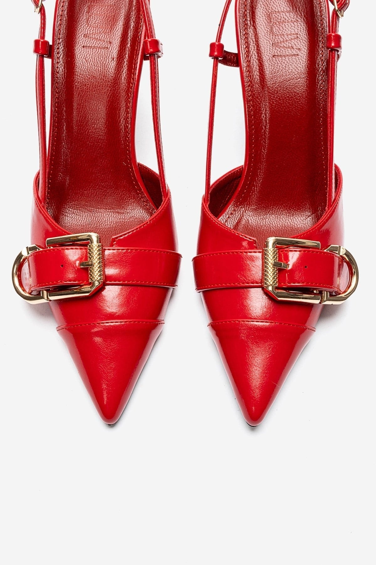 NOEN - Red Buckled Pointed Toe Stiletto Pump – side view showing leather, red, Vowalisse