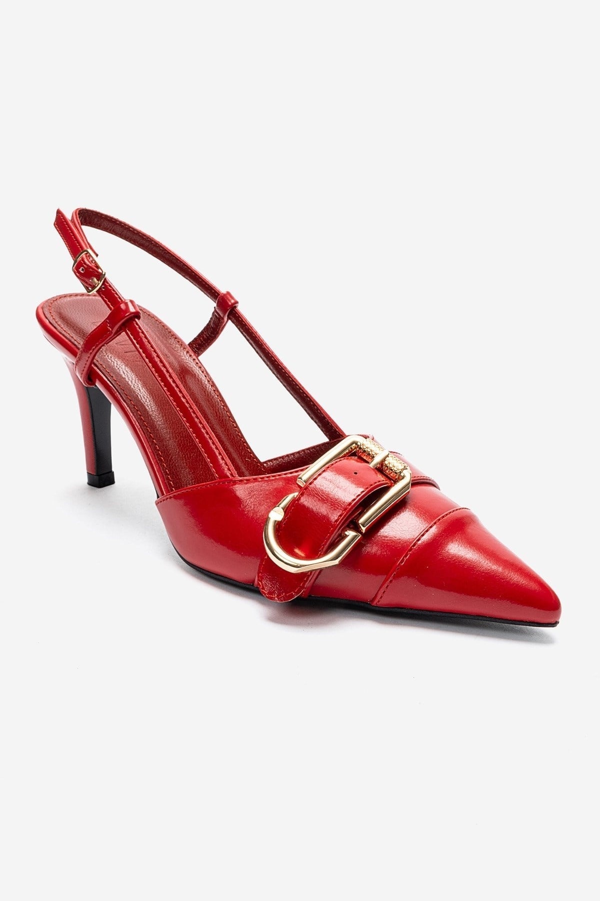 NOEN - Red Buckled Pointed Toe Stiletto Pump – detail view showing leather, red, Vowalisse