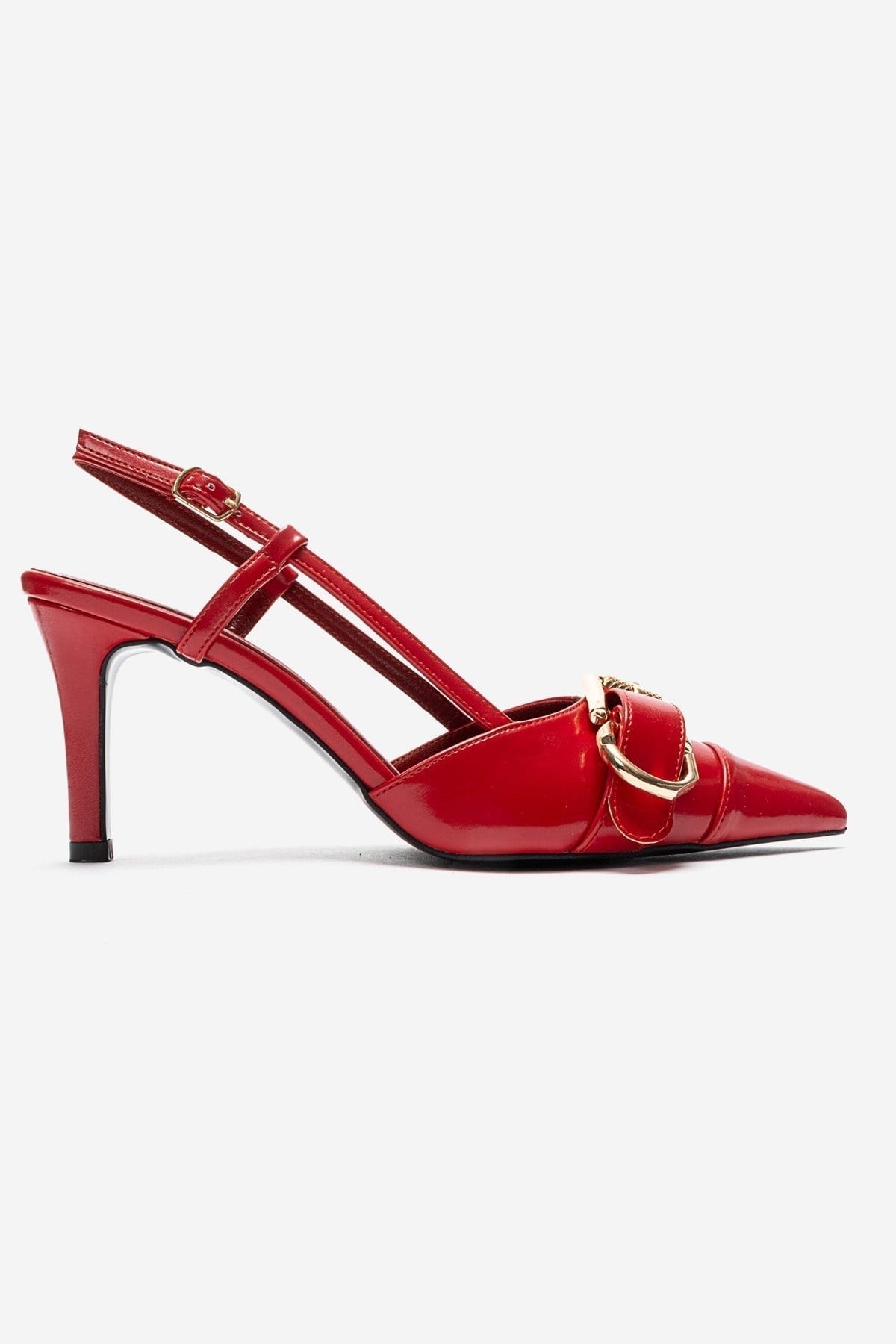 NOEN - Red Buckled Pointed Toe Stiletto Pump – heel view showing leather, red, Vowalisse