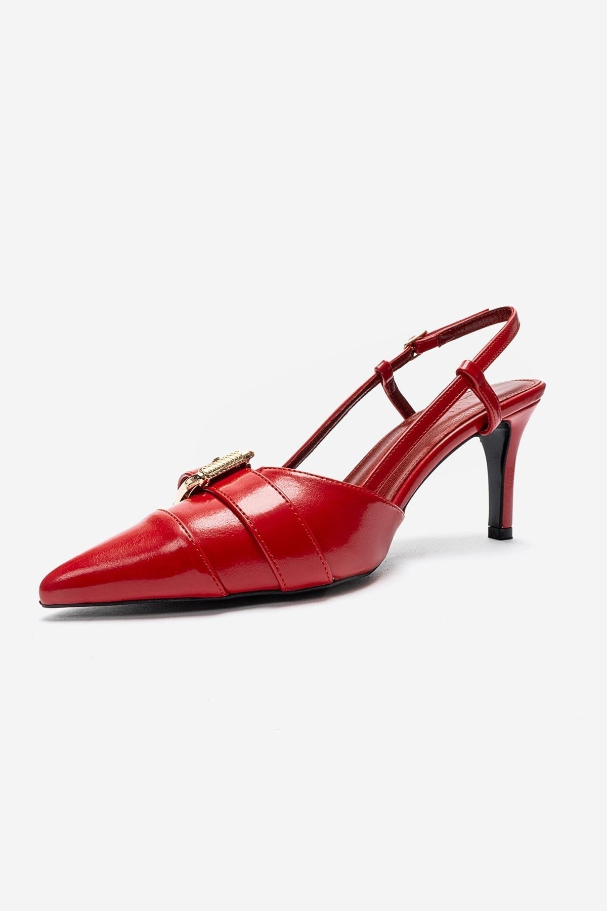 NOEN - Red Buckled Pointed Toe Stiletto Pump – top view showing leather, red, Vowalisse