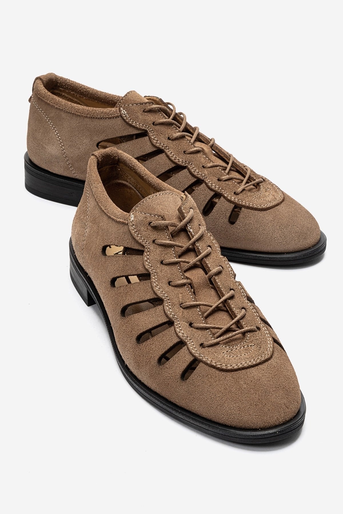 ASTRON - Taupe Genuine Suede Leather Casual Lace-Up Shoe – front three-quarter view showing lace, leather, suede, Vowalisse