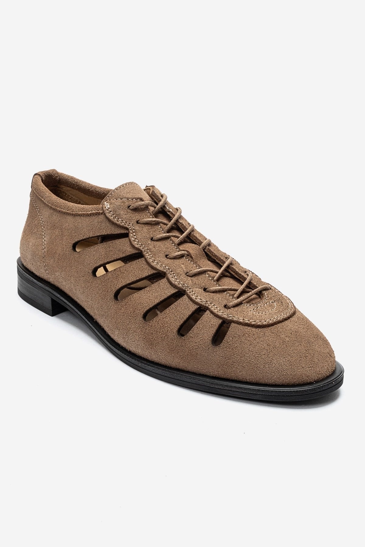ASTRON - Taupe Genuine Suede Leather Casual Lace-Up Shoe – detail view showing lace, leather, suede, Vowalisse