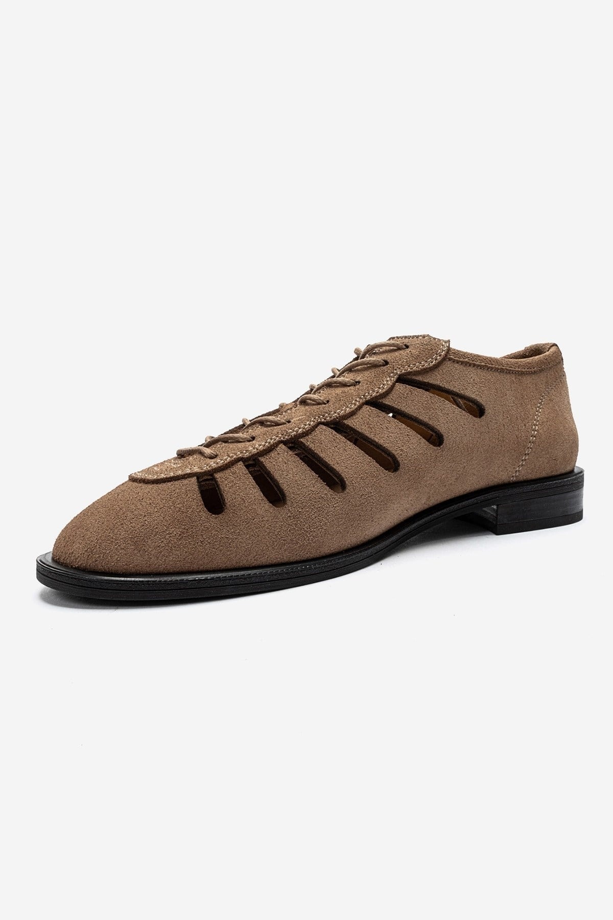 ASTRON - Taupe Genuine Suede Leather Casual Lace-Up Shoe – top view showing lace, leather, suede, Vowalisse