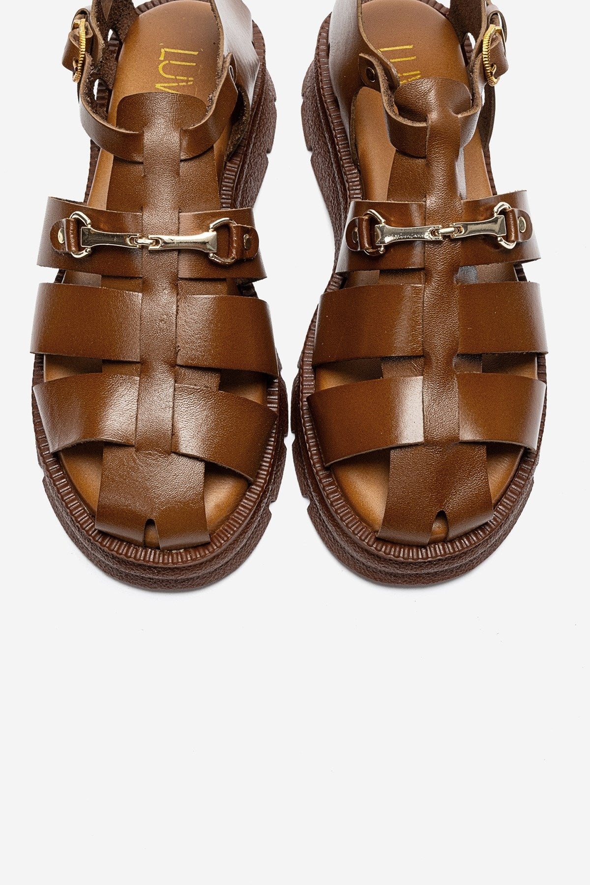 RIELA - Cognac Genuine Leather Buckled Sandal – side view showing leather, Vowalisse