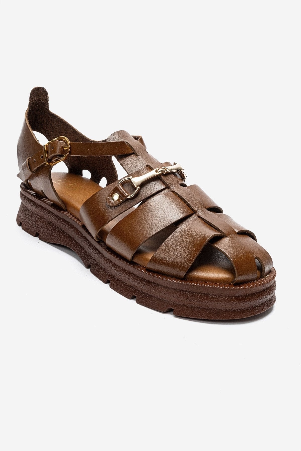 RIELA - Cognac Genuine Leather Buckled Sandal – detail view showing leather, Vowalisse