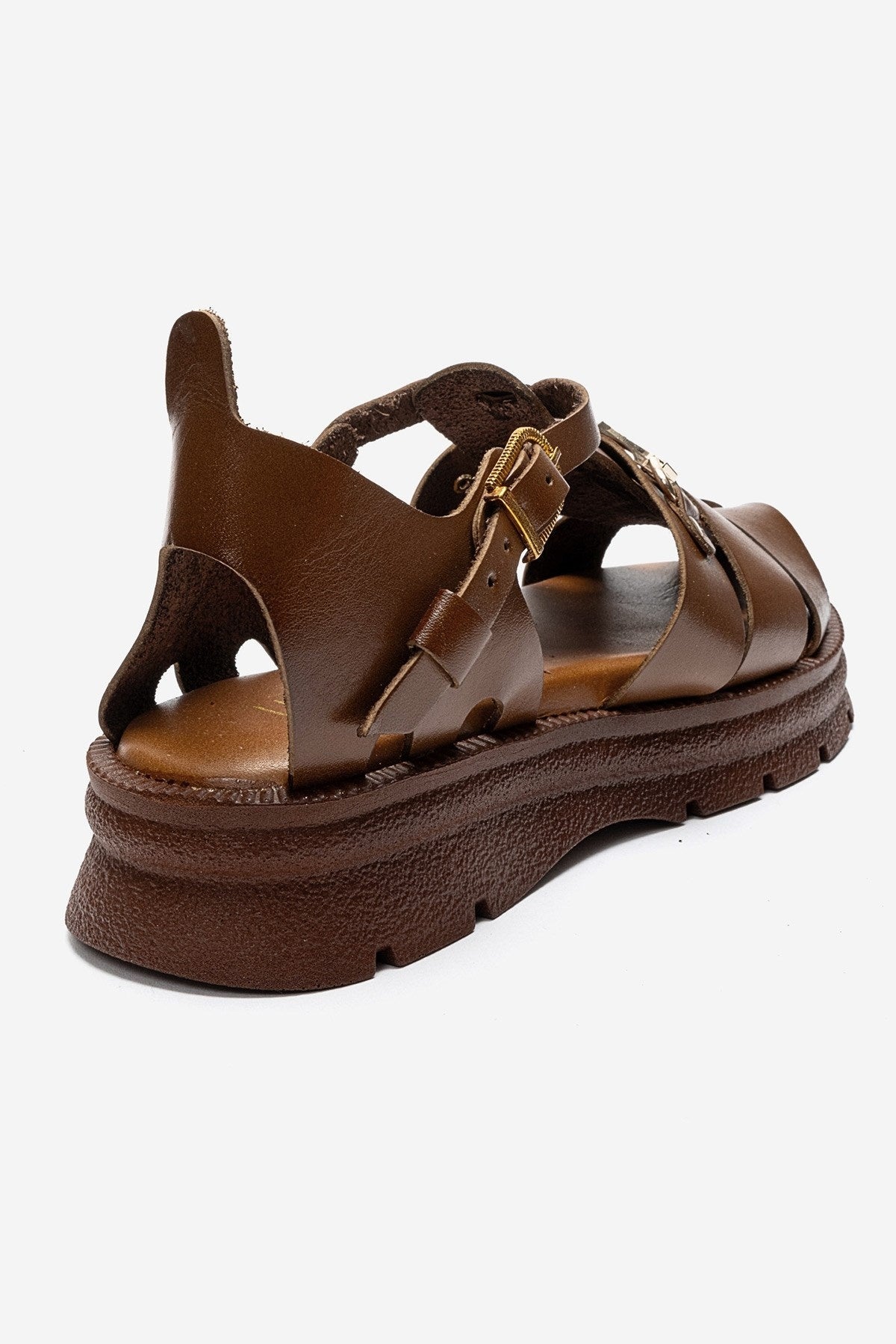 RIELA - Cognac Genuine Leather Buckled Sandal – back view showing leather, Vowalisse