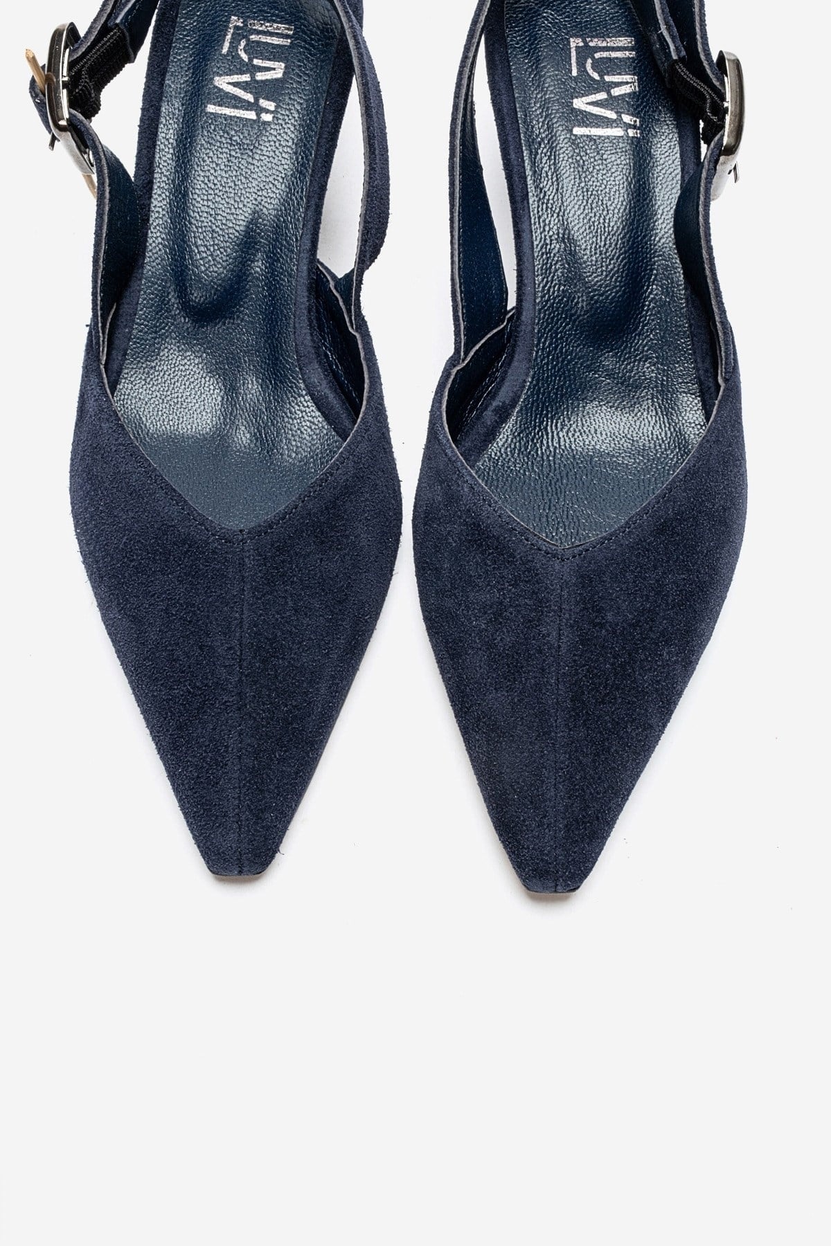 DIORIS - Navy Suede Genuine Leather Kitten Heel Slingback Pump – side view showing leather, suede, Vowalisse