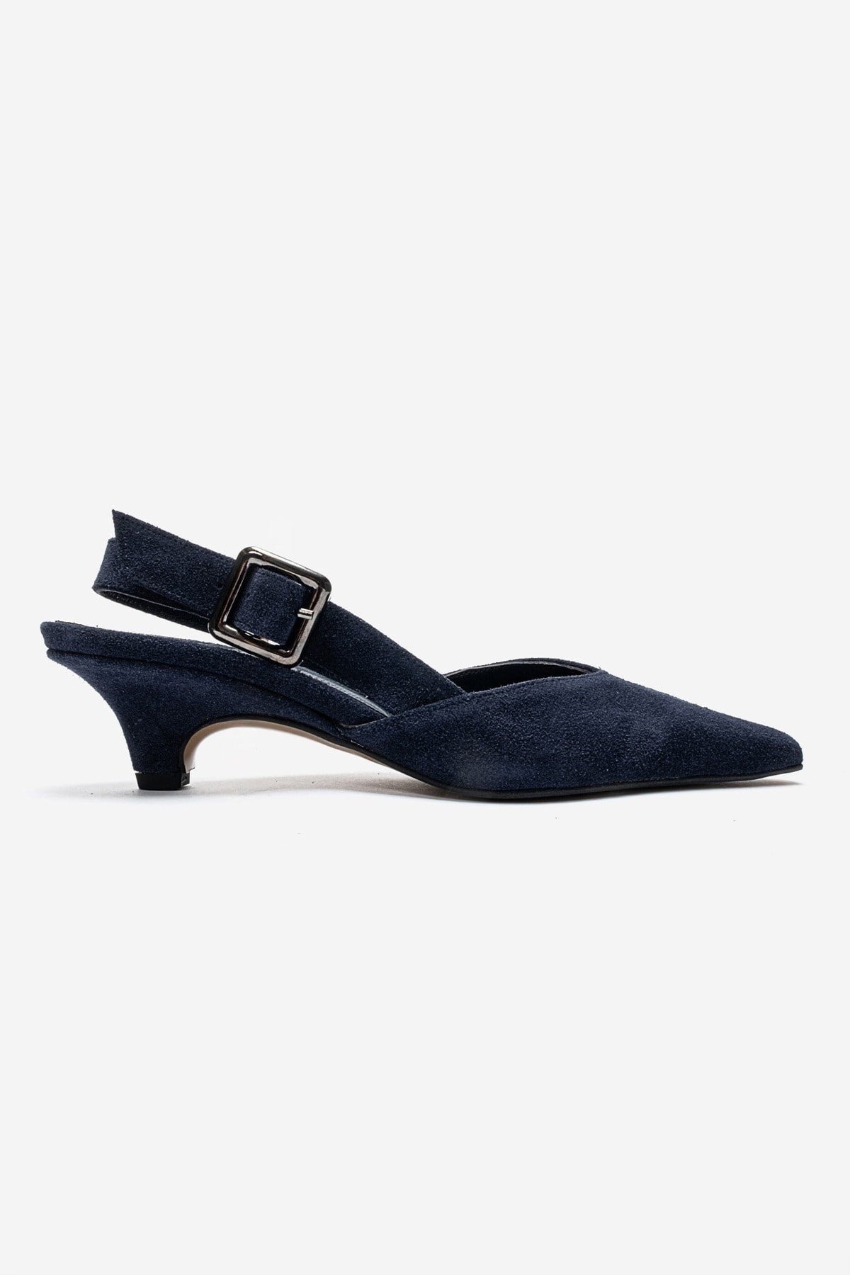 DIORIS - Navy Suede Genuine Leather Kitten Heel Slingback Pump – heel view showing leather, suede, Vowalisse