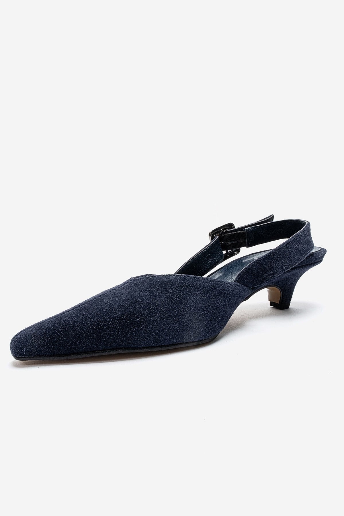 DIORIS - Navy Suede Genuine Leather Kitten Heel Slingback Pump – top view showing leather, suede, Vowalisse