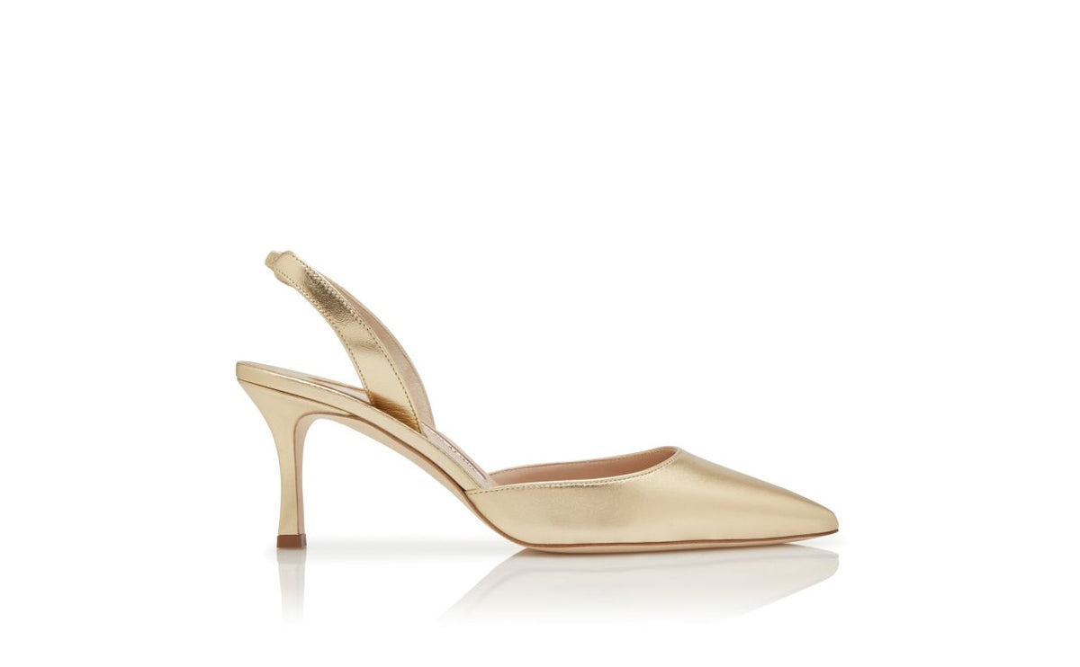 Arabella Crown Gold Slingback Slingbacks – side profile showing gold slingback, almond toe, nappa leather, Vowalisse