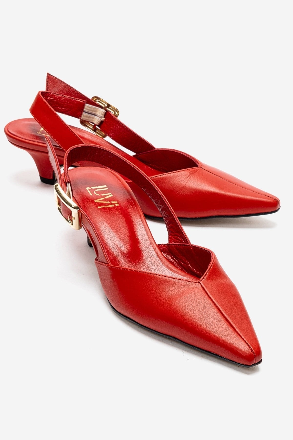 DIORIS - Red Genuine Leather Kitten Heel Pump – front three-quarter view showing leather, red, Vowalisse
