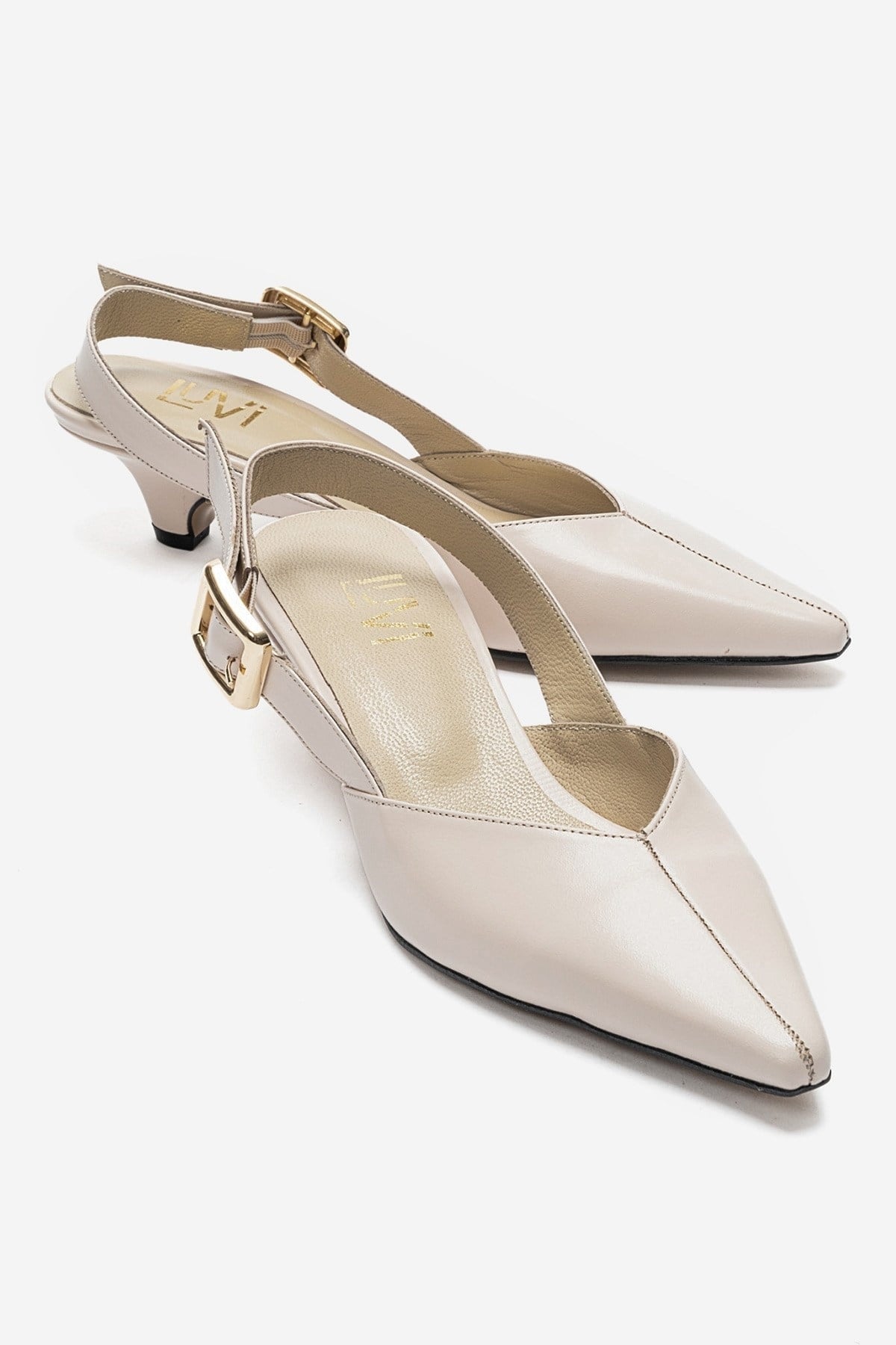 DIORIS - Cream Genuine Leather Kitten Heel Pump – front three-quarter view showing leather, Vowalisse