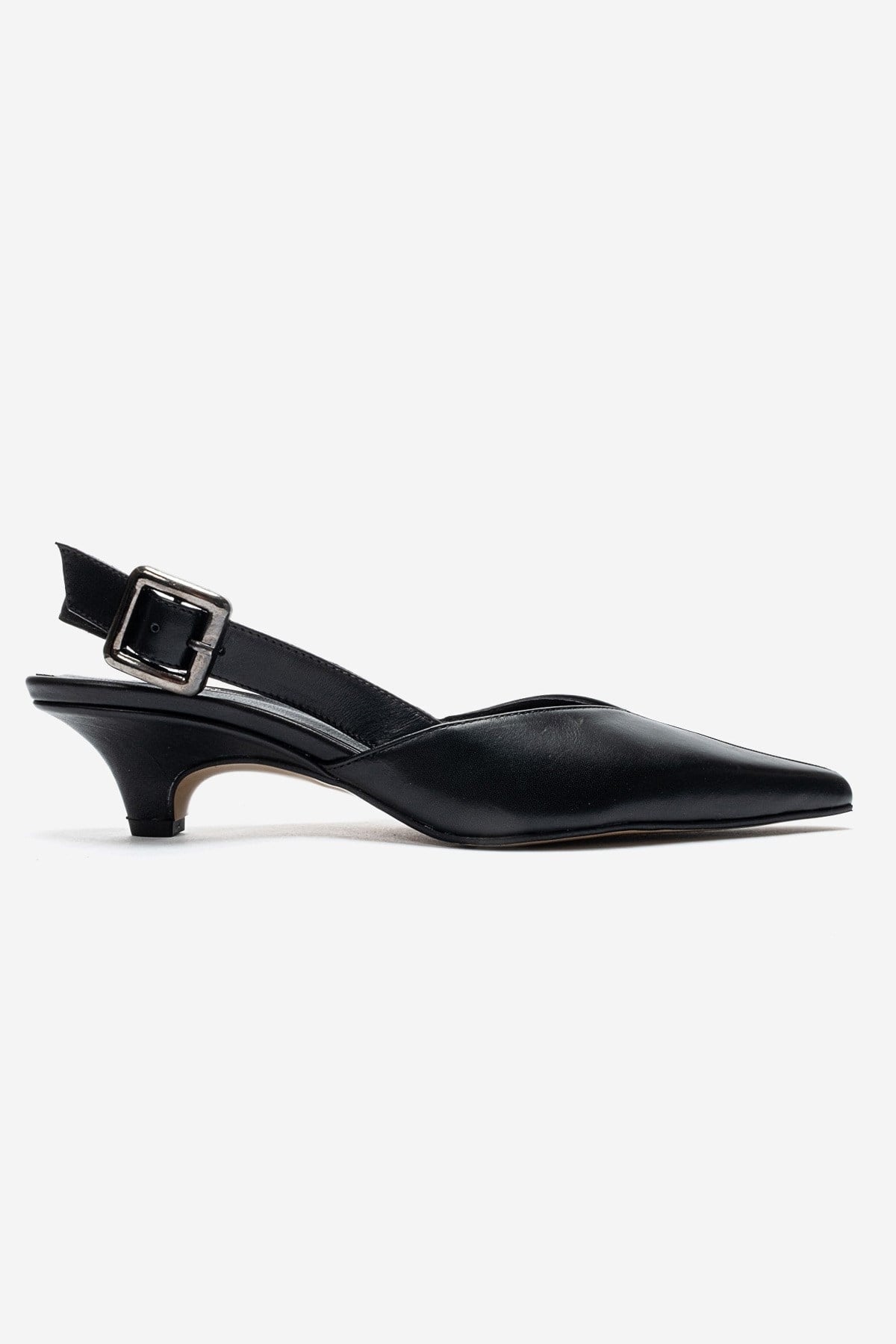 DIORIS - Black Genuine Leather Kitten Heel Pump – heel view showing leather, black, Vowalisse