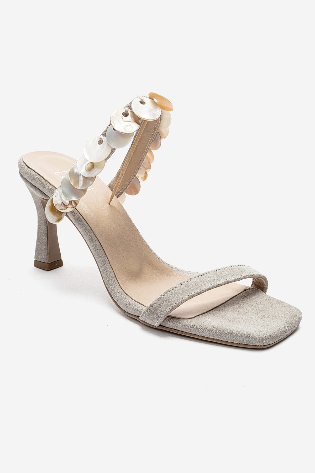 ARUND - Beige Genuine Leather Slim-Heeled Mule – detail view showing leather, suede, Vowalisse