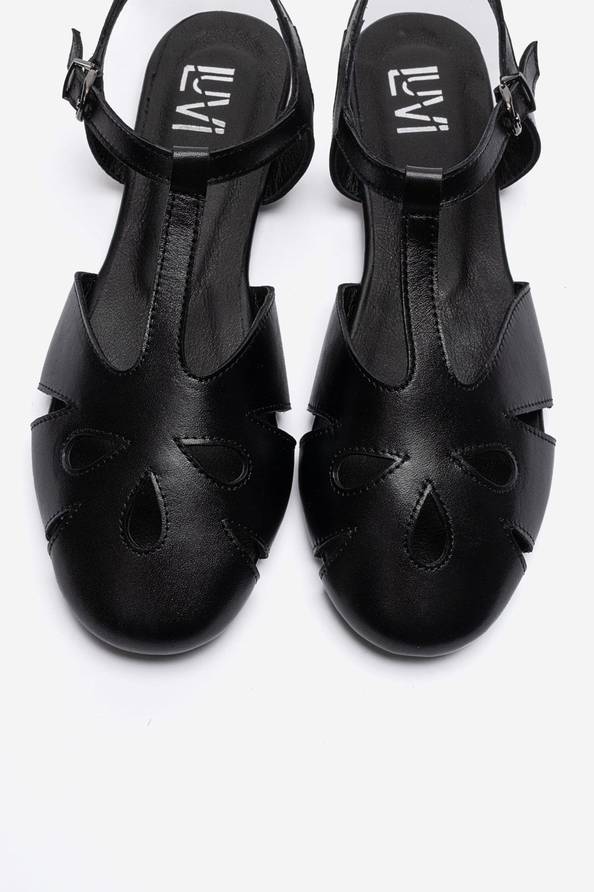NATHALIE - Black Genuine Leather Ankle-Strap Flat Sandal – side view showing leather, black, Vowalisse