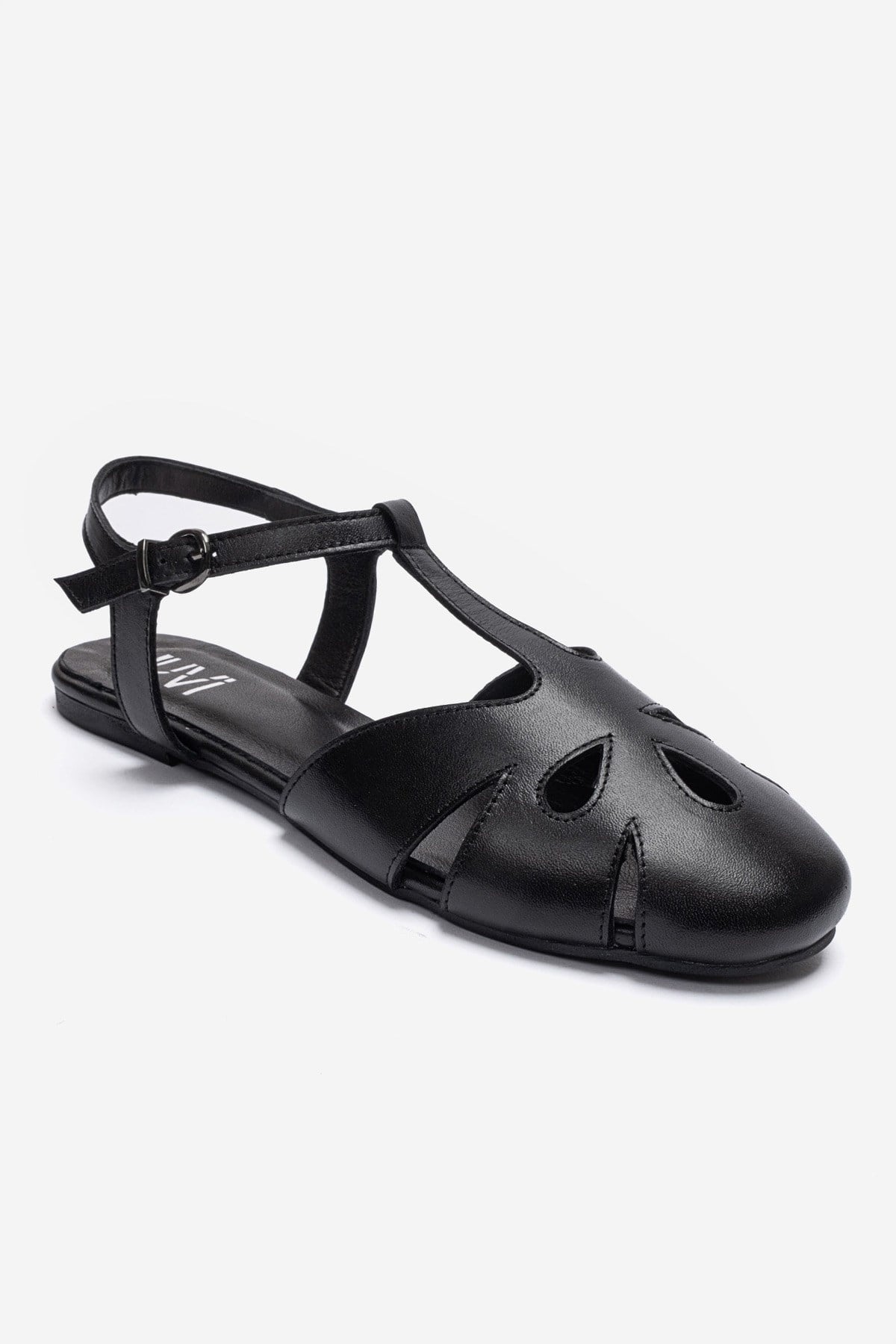 NATHALIE - Black Genuine Leather Ankle-Strap Flat Sandal – detail view showing leather, black, Vowalisse