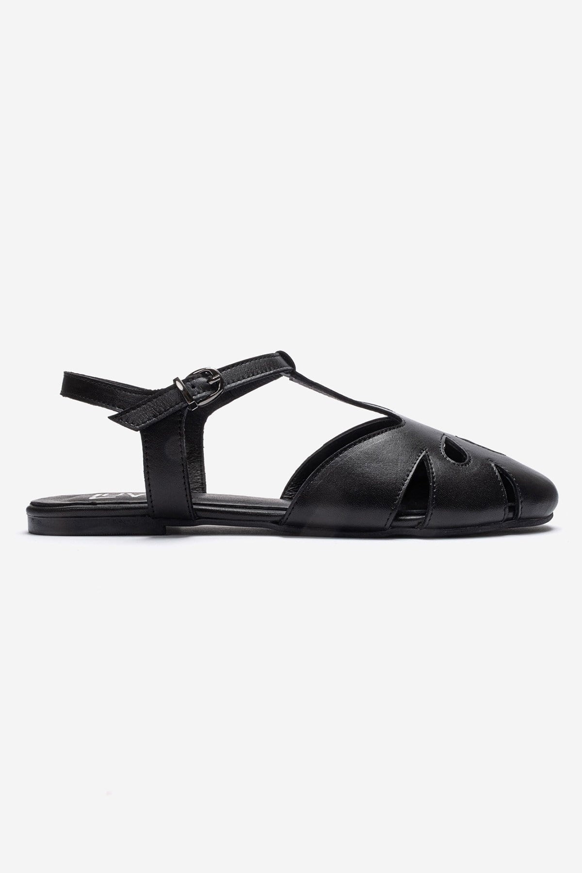 NATHALIE - Black Genuine Leather Ankle-Strap Flat Sandal – heel view showing leather, black, Vowalisse