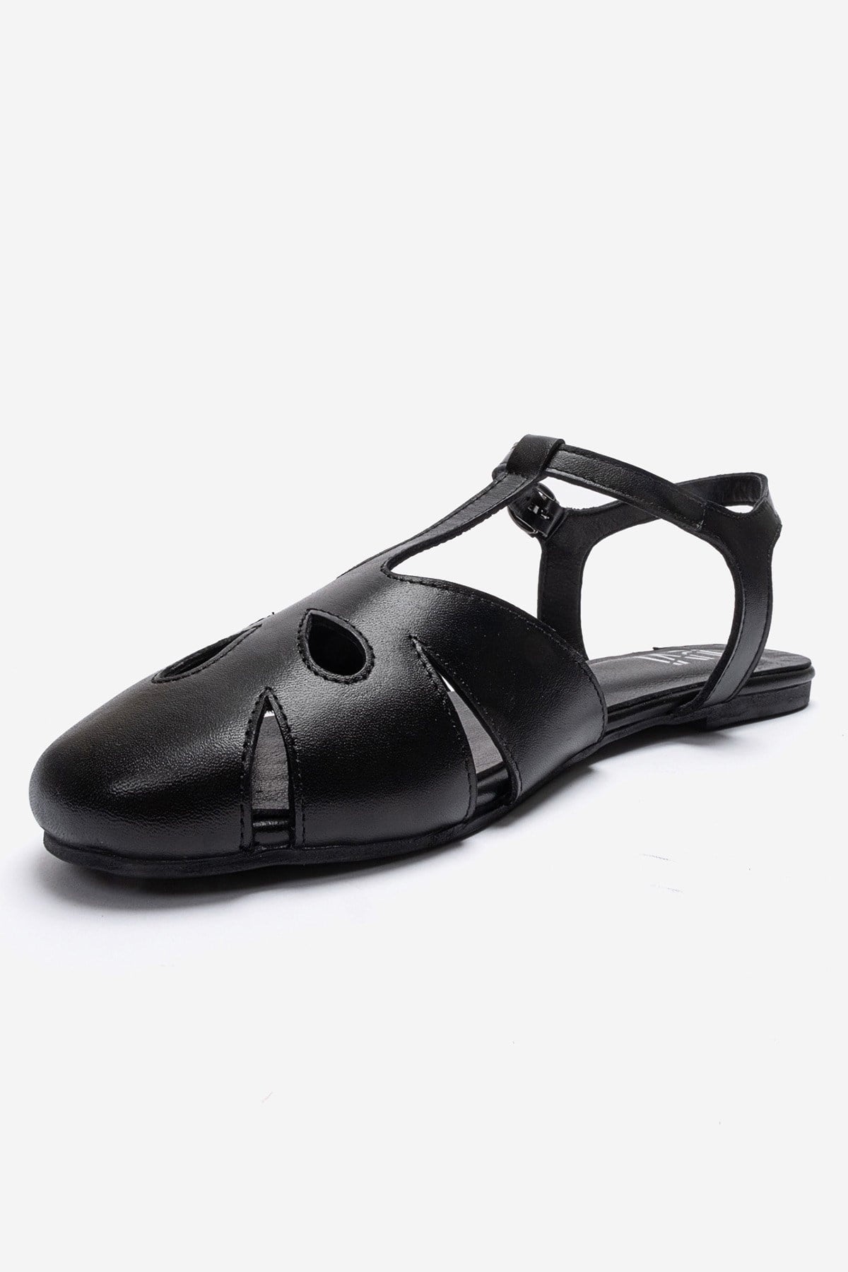 NATHALIE - Black Genuine Leather Ankle-Strap Flat Sandal – top view showing leather, black, Vowalisse