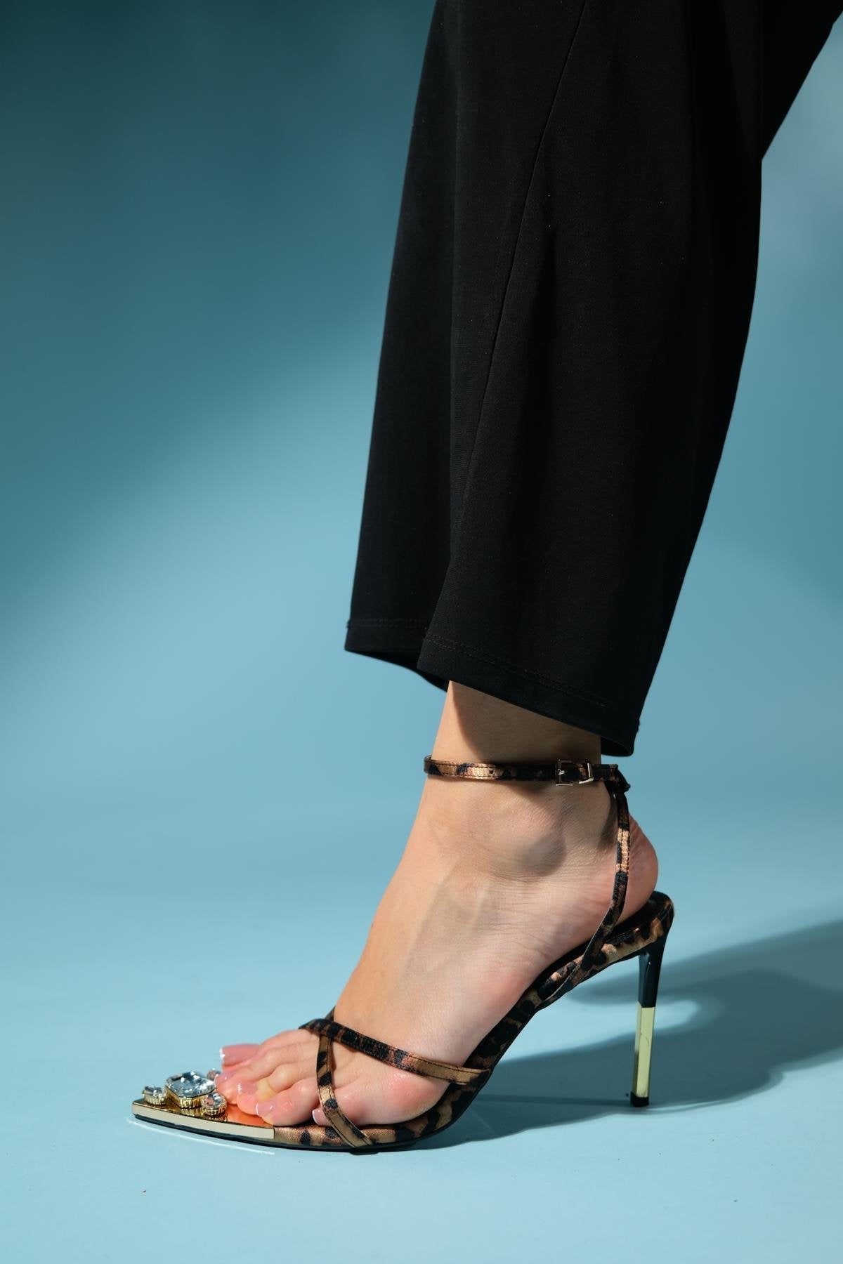 Melossa - Black Yellow Patterned Jeweled High Heel Shoe – heel view showing leather, black, Vowalisse