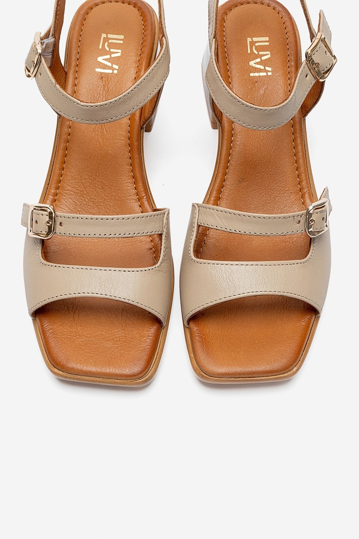 Yolen - Beige Genuine Leather Block Heel Sandal – side view showing leather, Vowalisse