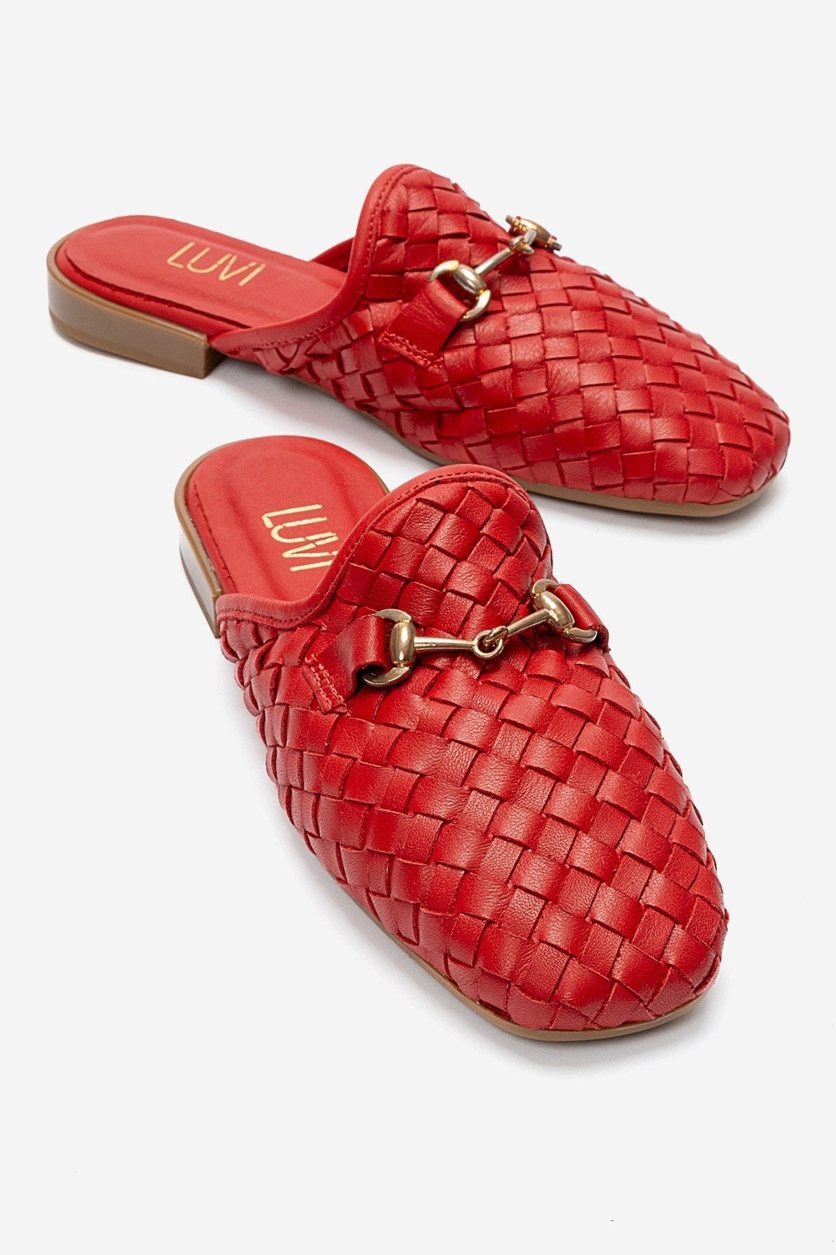Senia - Red Genuine Leather Mule – front three-quarter view showing leather, red, Vowalisse