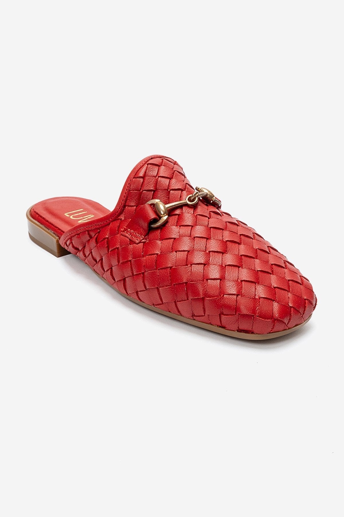 Senia - Red Genuine Leather Mule – detail view showing leather, red, Vowalisse