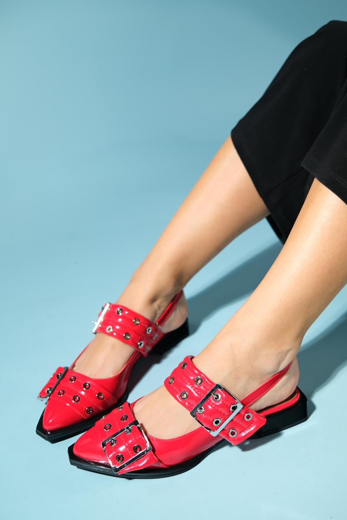 Paloma - Red Patent Silver Buckle Sandal – front three-quarter view showing leather, silver, red, Vowalisse