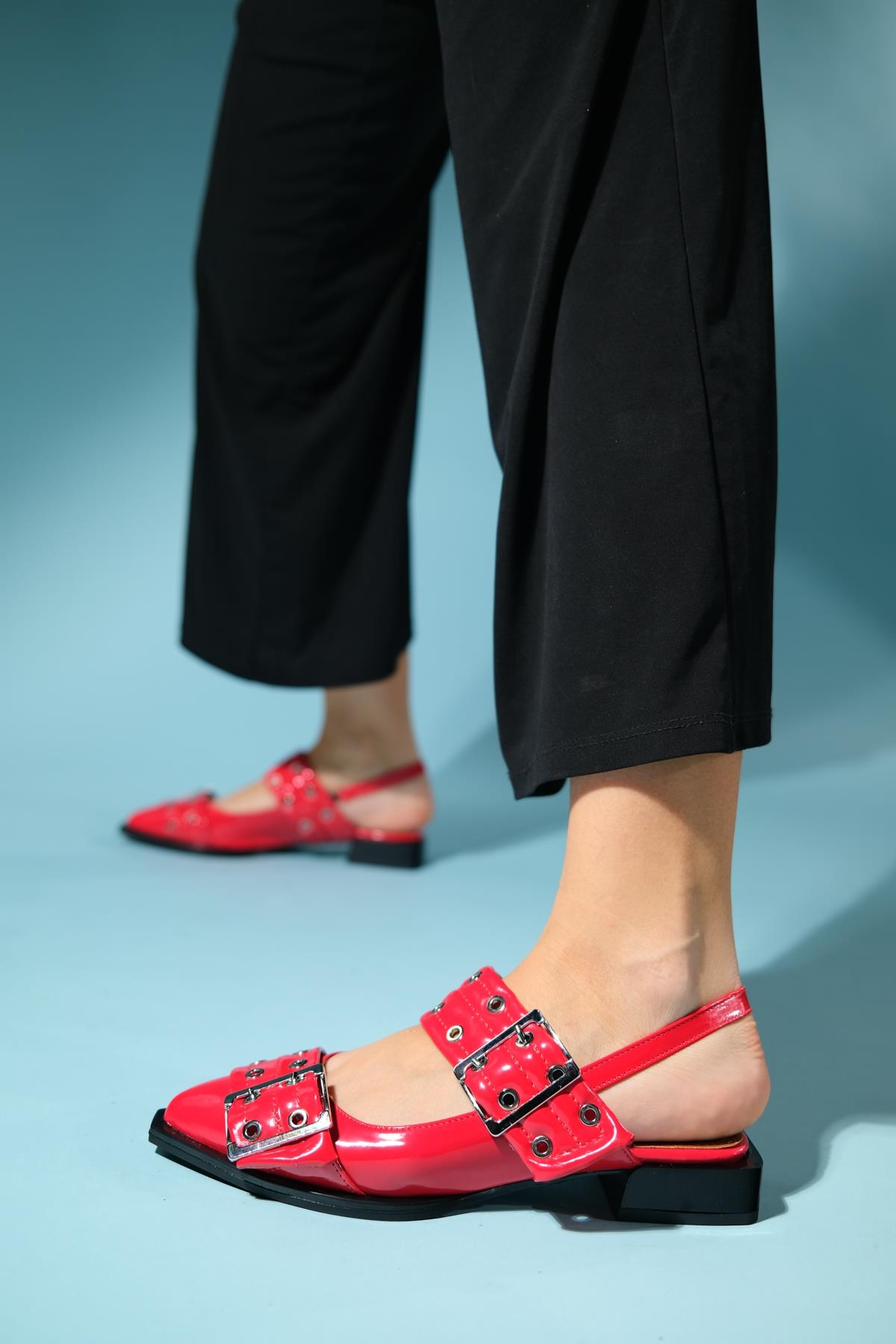 Paloma - Red Patent Silver Buckle Sandal – side view showing leather, silver, red, Vowalisse