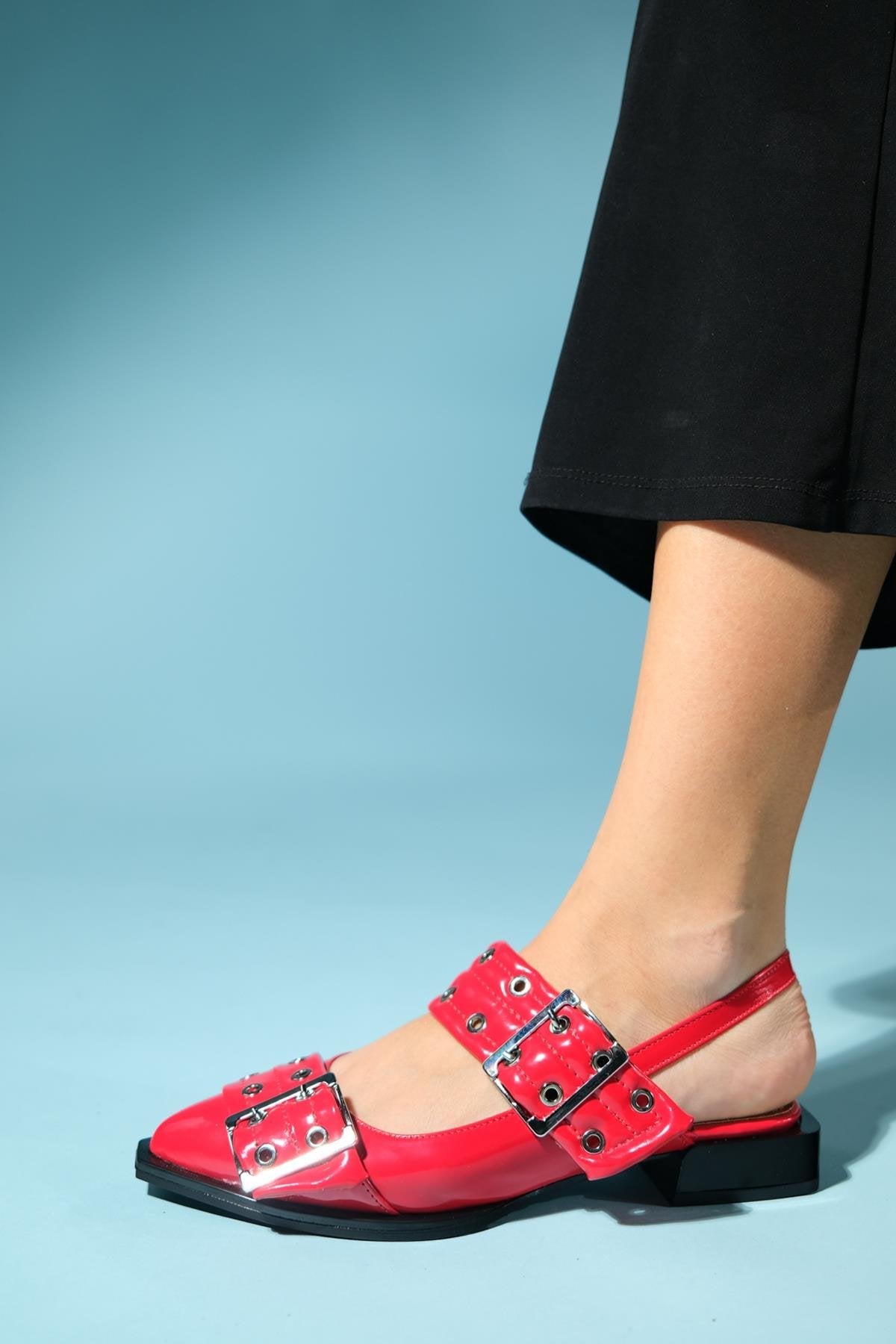 Paloma - Red Patent Silver Buckle Sandal – back view showing leather, silver, red, Vowalisse