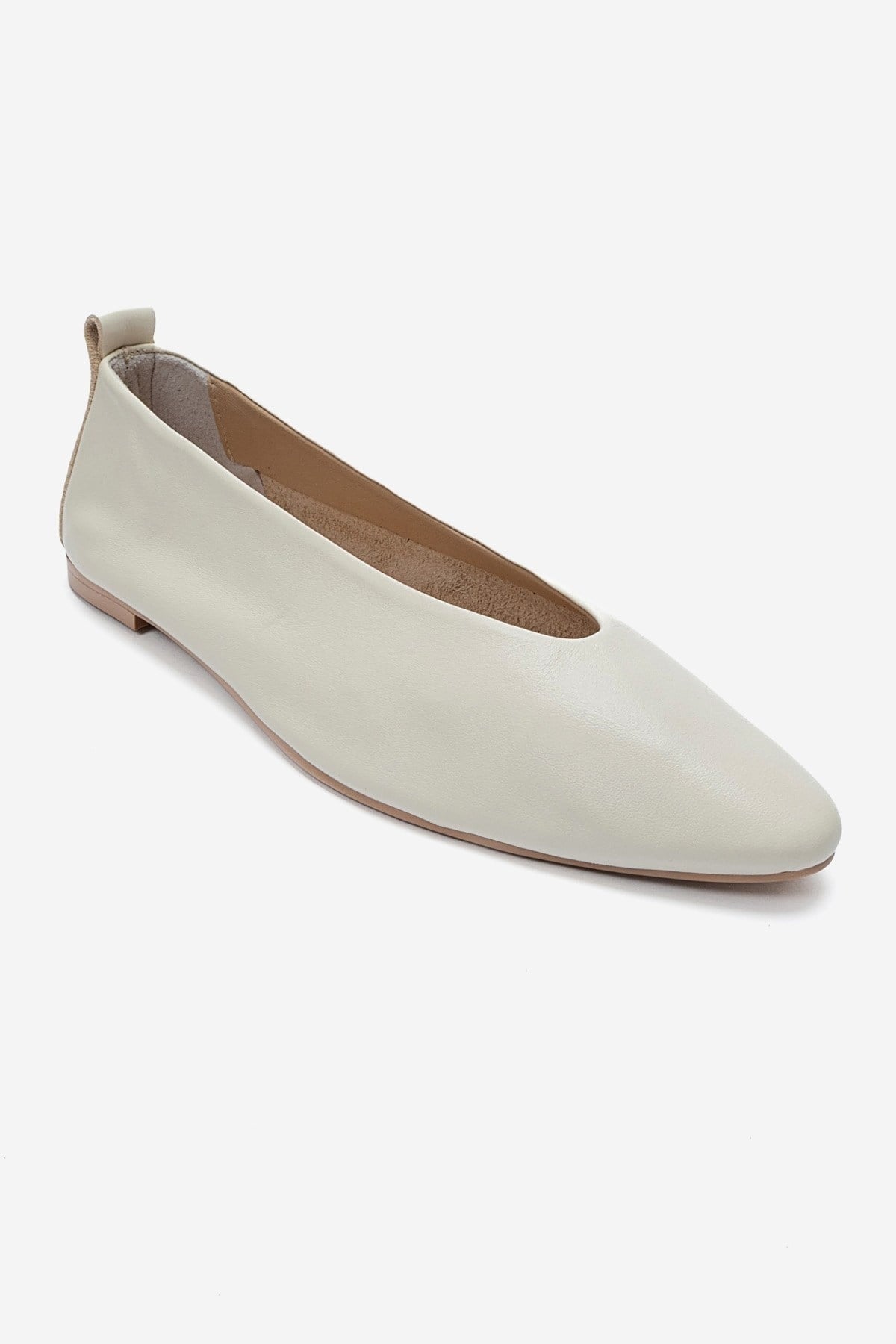 JENAS - Off-White Genuine Leather Ballet Flat – detail view showing leather, white, Vowalisse