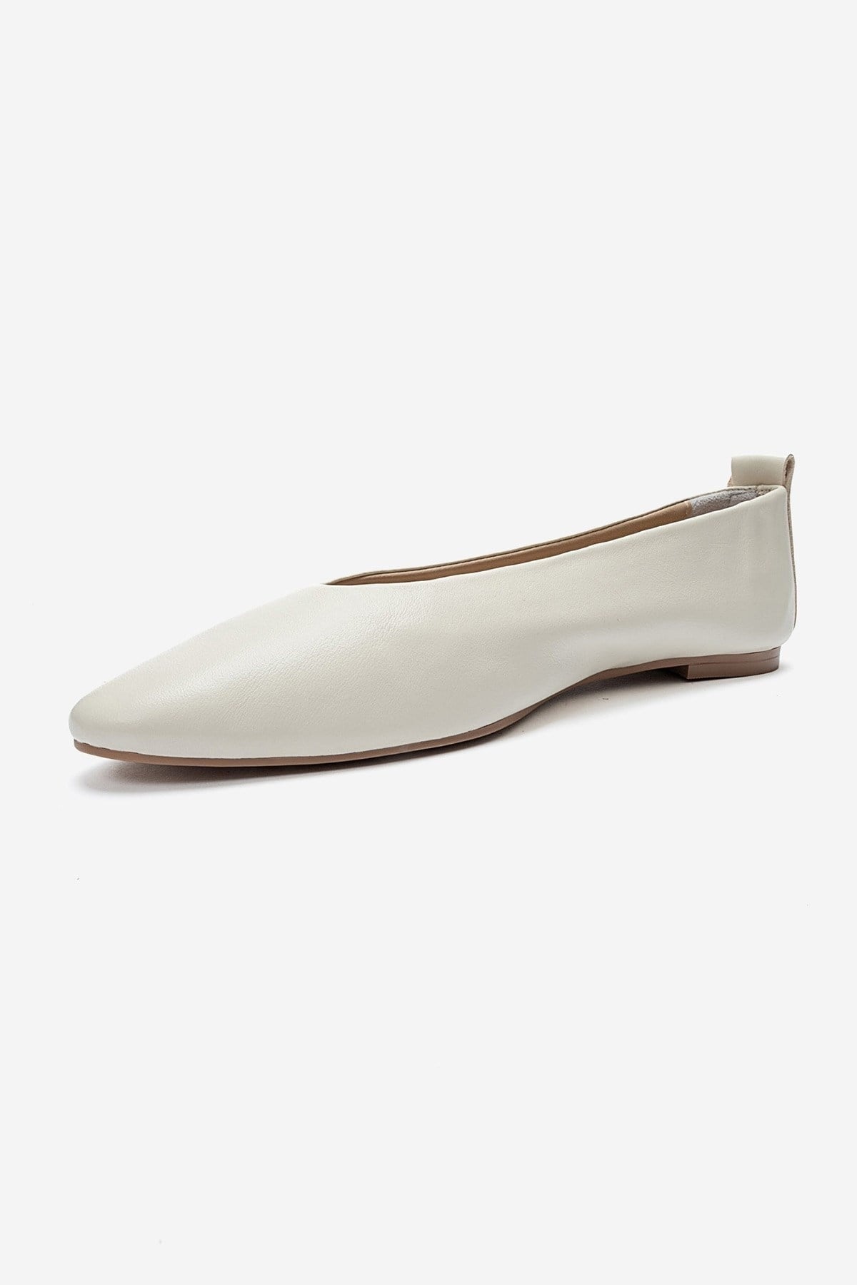 JENAS - Off-White Genuine Leather Ballet Flat – top view showing leather, white, Vowalisse