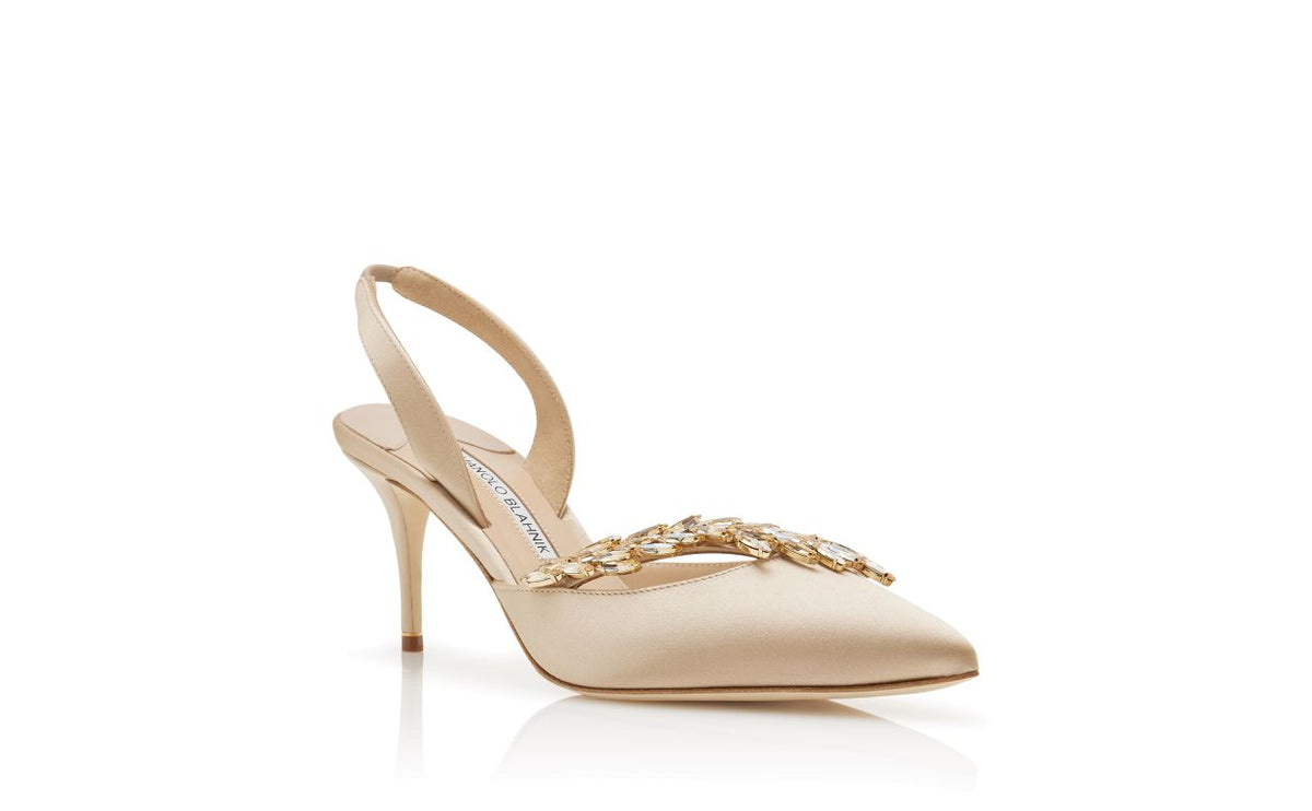 Amelie Pearl Neutral Jewel Buckle Slingbacks – top view showing neutral jewel buckle, slingback, pointed toe, satin…