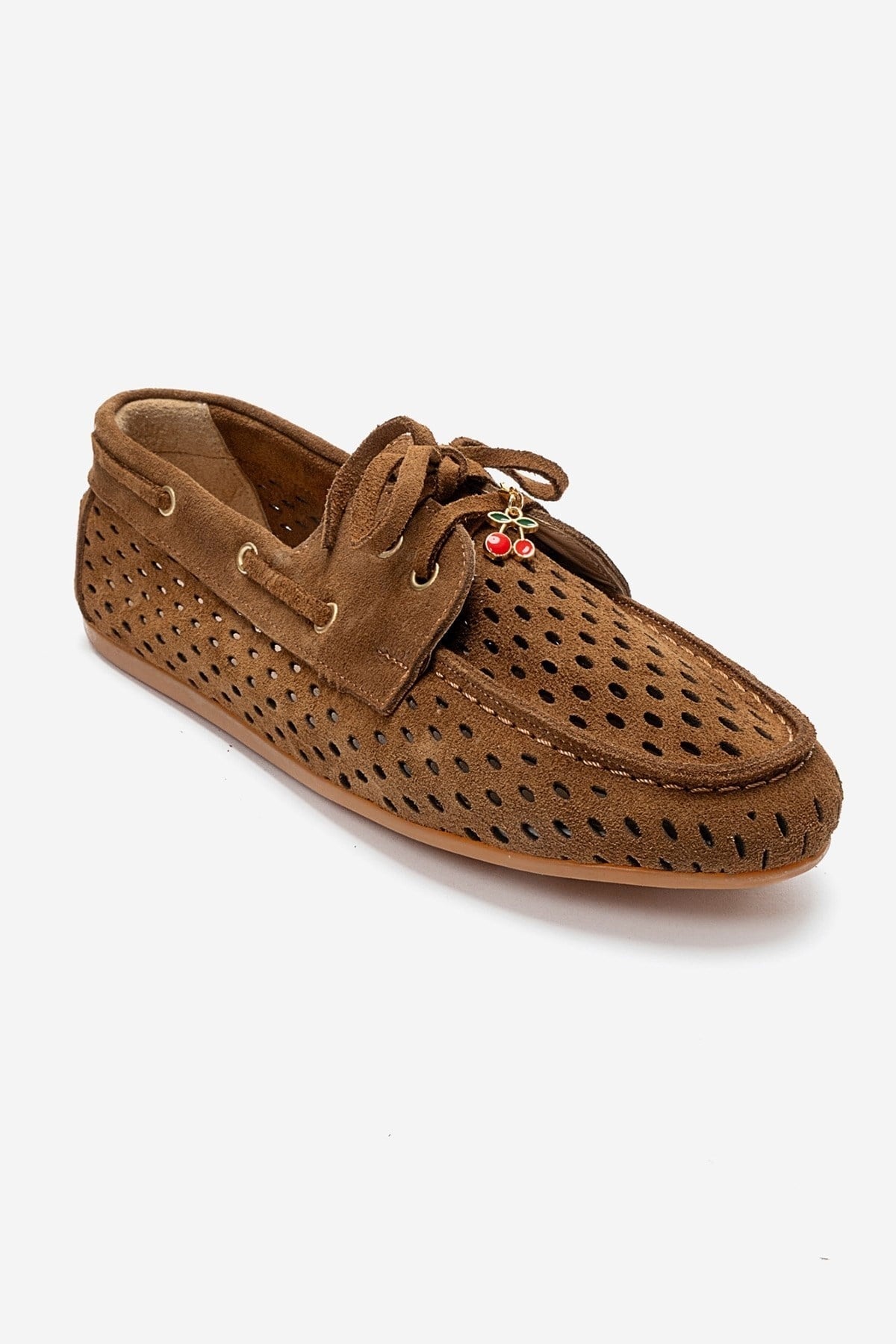 STEVO - Cognac Suede Genuine Leather Lace-Up Loafer – detail view showing lace, leather, suede, Vowalisse