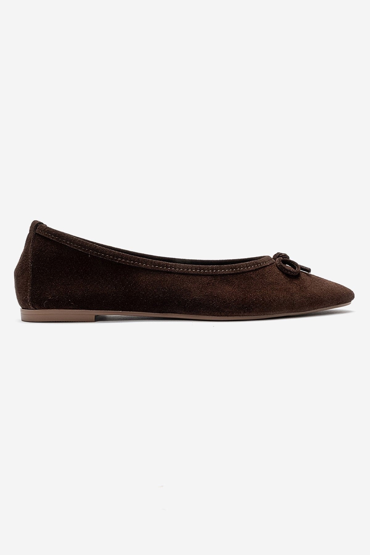 UMIEL - Brown Genuine Leather Bow Ballet Flat – heel view showing bow, leather, suede, Vowalisse