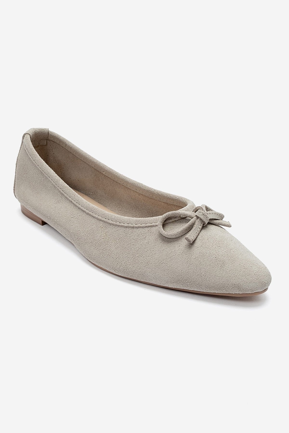 UMIEL - Beige Genuine Leather Bow Ballet Flat – detail view showing bow, leather, suede, Vowalisse