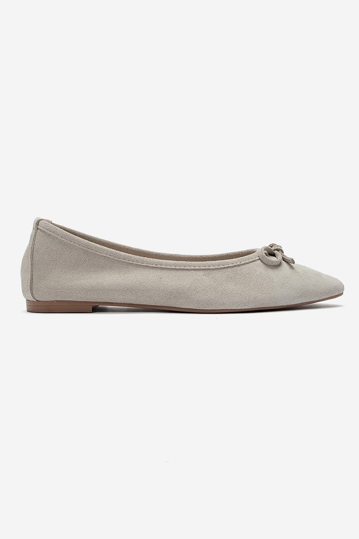 UMIEL - Beige Genuine Leather Bow Ballet Flat – heel view showing bow, leather, suede, Vowalisse