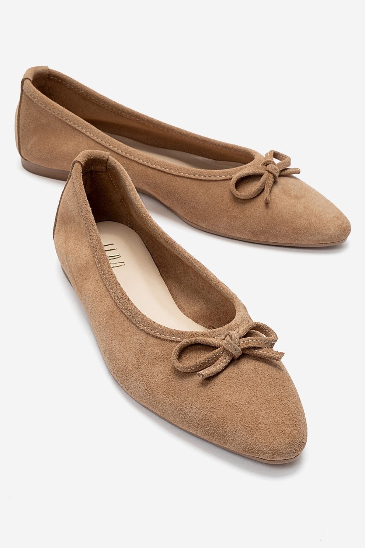 UMIEL - Taupe Genuine Leather Bow Ballet Flat – front three-quarter view showing bow, leather, suede, Vowalisse